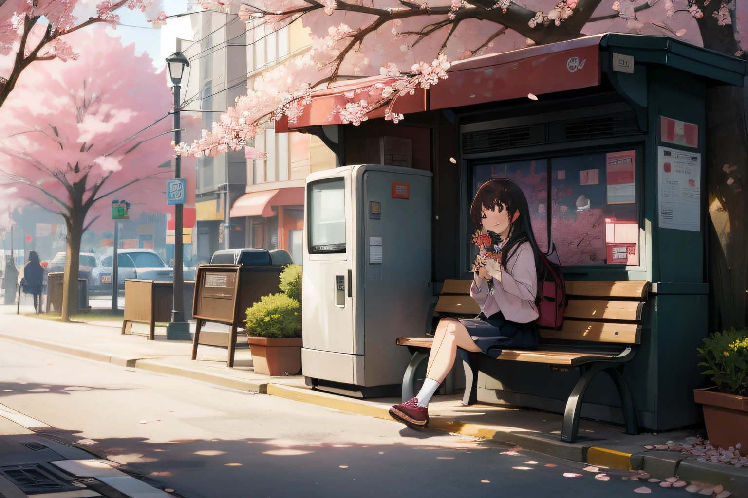 bench in downtown japan city, cherry blossoms, vending machines, anime girl eating dangon while sitting on bench