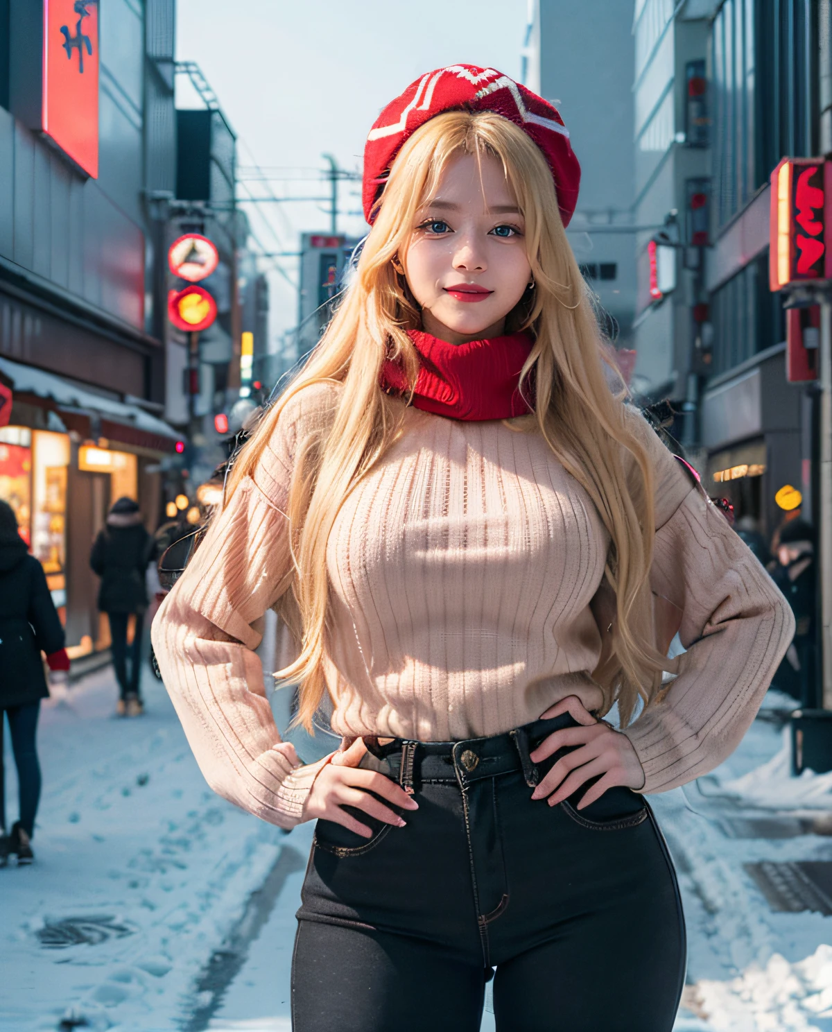1girl, (Blue Eyes), smiling, (Sana Minatozaki), wide hips, Big Boobs, big ass, (Best Quality, 8k, Masterpiece: 1.3), Clear Focus: 1.2, Perfect Body Beauty: 1.4 , Slender Abs: 1.2, Highly detailed face and skin texture, detailed eyes, double eyelids, red lips, (blonde long hair), (long sleeve red sweater :1.2), (black jeans :1.2), scarf, cloth hat, standing, dinamyc pose, (in a snowy tokyo neighborhood illuminated by neon signs), tokyo tower in the background