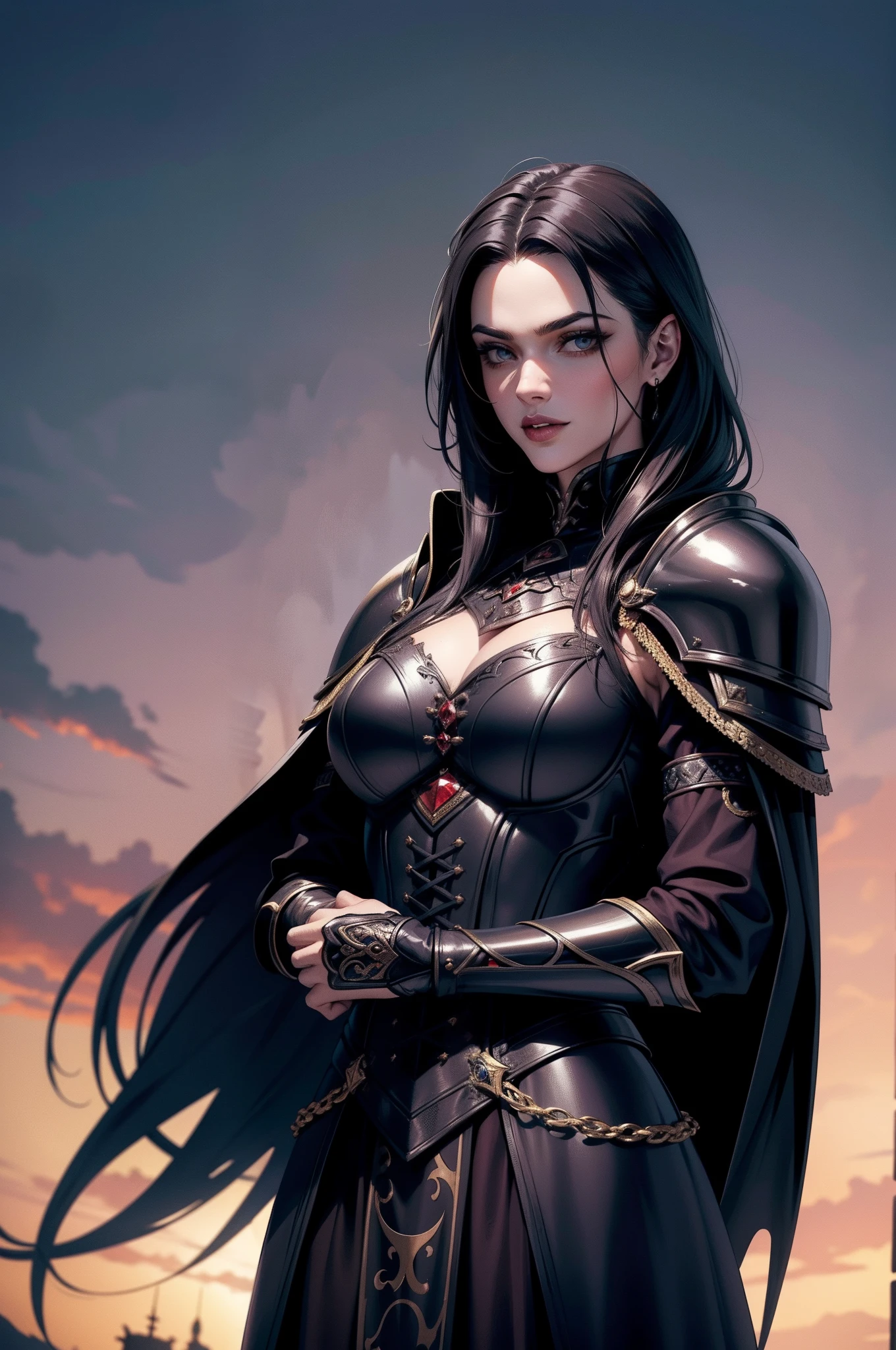 An adult vampire wizard character wearing a very detailed and beautiful gothic armor. Seu cabelo com corte curto. cor do cabelo portanto. lip color: portanto, cor roxa dos olhos, manto, capuz, arms crossed over his chest, olhando com um olhar desdenhoso, com um sorriso debochado, Splendid, dramatic scene, numa pose bem desafiadora, capuz, robe, gothic armor, 8k, olhando de cima, tomo na cintura, capa de viagem de aventureiros,