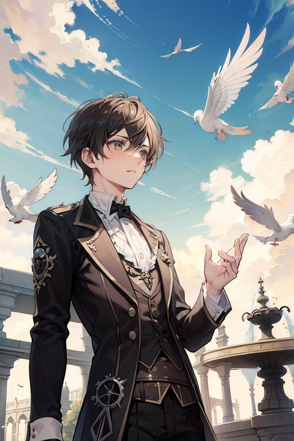 Doves fly over the noble park　The fountain　steampunc　male people　twinks　{{ember}}