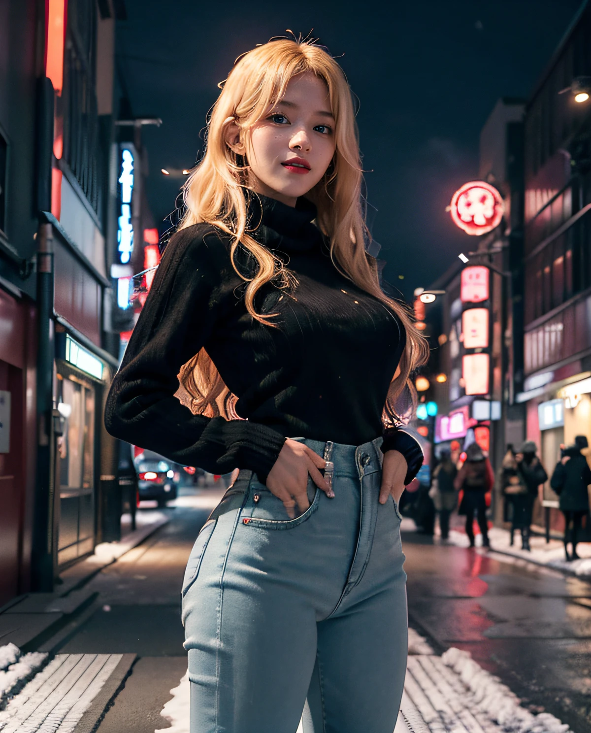 1girl, (Blue Eyes), smiling, (Sana Minatozaki), wide hips, Big Boobs, big ass, (Best Quality, 8k, Masterpiece: 1.3), Clear Focus: 1.2, Perfect Body Beauty: 1.4 , Slender Abs: 1.2, Highly detailed face and skin texture, detailed eyes, double eyelids, red lips, (blonde long hair), (long sleeve red sweater :1.2), (black jeans :1.2), black scarf, standing, dinamyc pose, (in a snowy tokyo neighborhood illuminated by neon signs), tokyo tower in the background