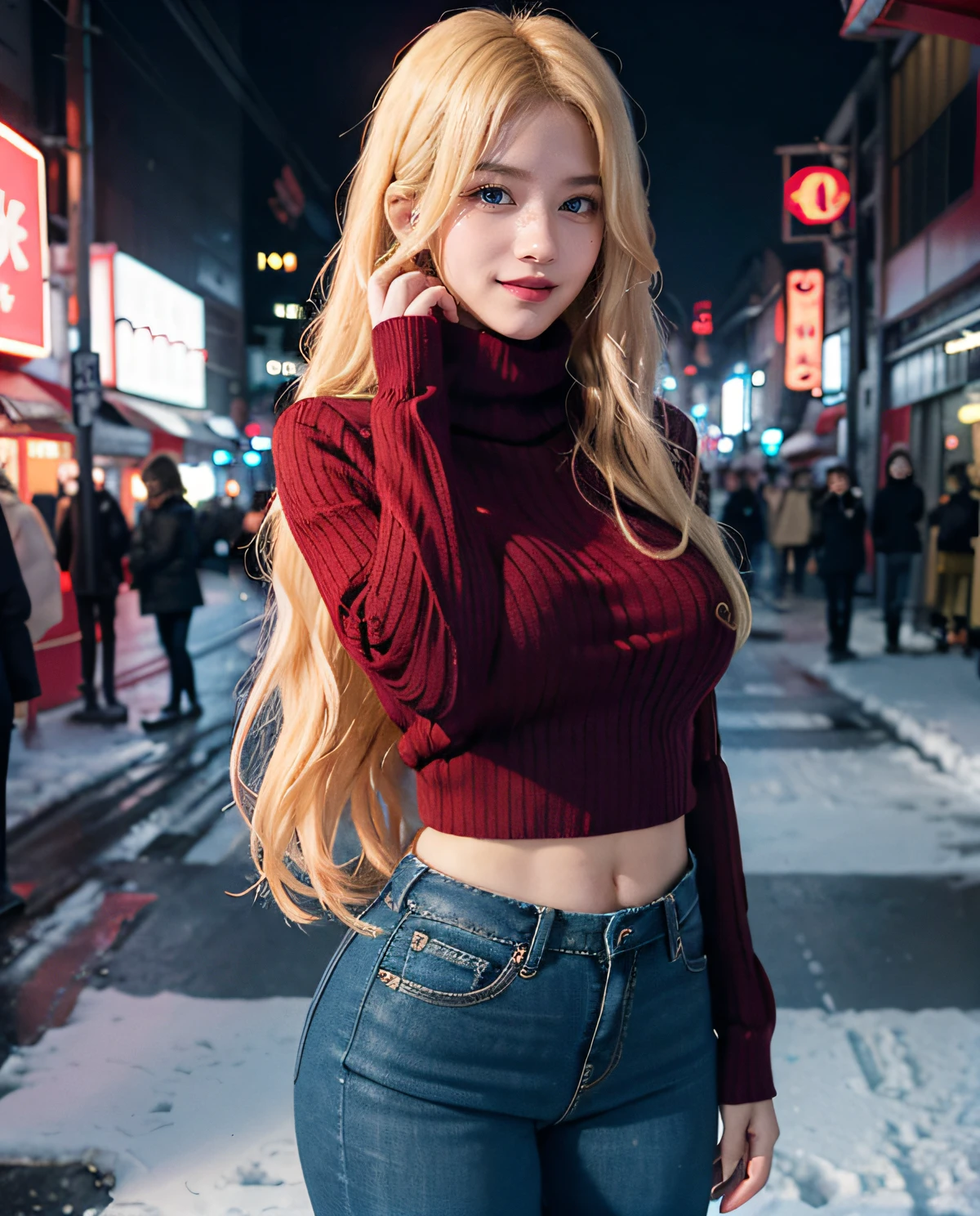1girl, (Blue Eyes), smiling, (Sana Minatozaki), wide hips, Big Boobs, big ass, (Best Quality, 8k, Masterpiece: 1.3), Clear Focus: 1.2, Perfect Body Beauty: 1.4 , Slender Abs: 1.2, Highly detailed face and skin texture, detailed eyes, double eyelids, red lips, (blonde long hair), (long sleeve red sweater :1.2), (black jeans :1.2), black scarf, standing, dinamyc pose, (in a snowy tokyo neighborhood illuminated by neon signs), tokyo tower in the background