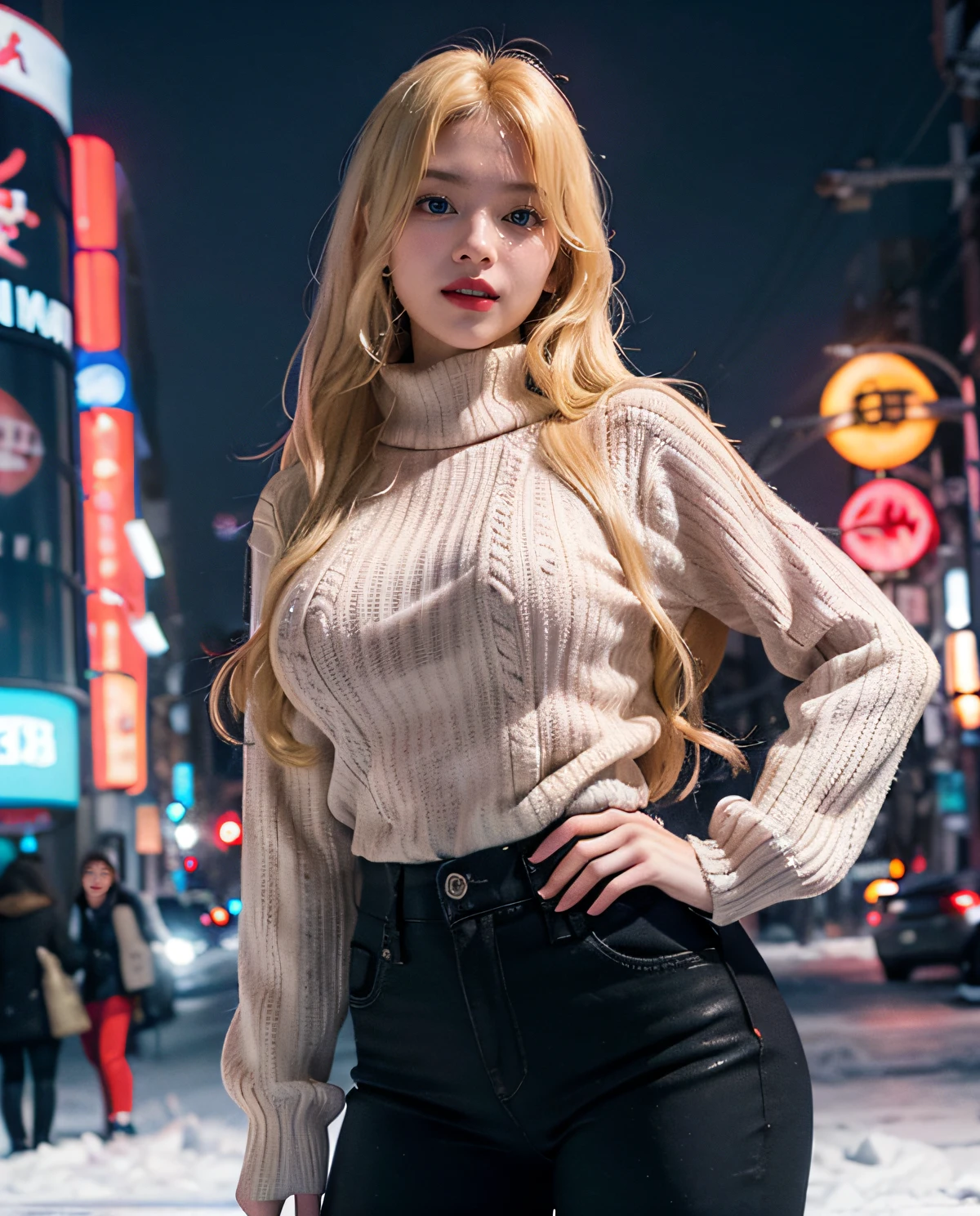 1girl, (Blue Eyes), smiling, (Sana Minatozaki), wide hips, Big Boobs, big ass, (Best Quality, 8k, Masterpiece: 1.3), Clear Focus: 1.2, Perfect Body Beauty: 1.4 , Slender Abs: 1.2, Highly detailed face and skin texture, detailed eyes, double eyelids, red lips, (blonde long hair), (long sleeve red sweater :1.2), (black jeans :1.2), scarf, cloth hat, standing, dinamyc pose, (in a snowy tokyo neighborhood illuminated by neon signs), tokyo tower in the background