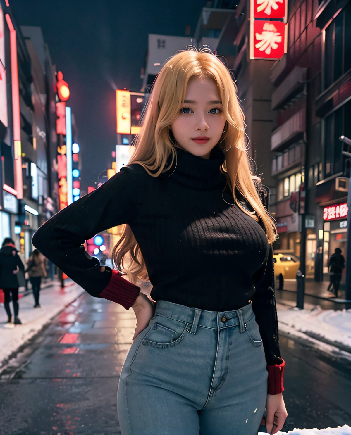 1girl, (Blue Eyes), smiling, (Sana Minatozaki), wide hips, Big Boobs, big ass, (Best Quality, 8k, Masterpiece: 1.3), Clear Focus: 1.2, Perfect Body Beauty: 1.4 , Slender Abs: 1.2, Highly detailed face and skin texture, detailed eyes, double eyelids, red lips, (blonde long hair), (long sleeve red sweater :1.2), (black jeans :1.2), black scarf, standing, dinamyc pose, (in a snowy tokyo neighborhood illuminated by neon signs), tokyo tower in the background