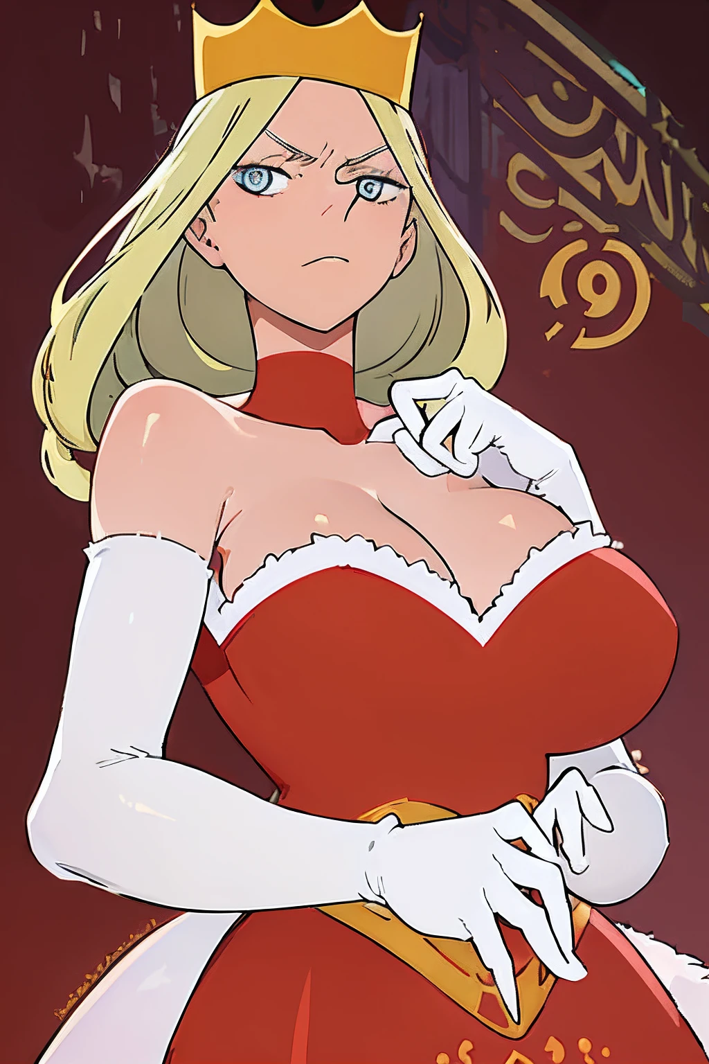 Queen Hilling, 1girl, blonde hair, blue eyes, big breasts, crown, dress, gloves, pointy nose, queen, red victorian dress, white fur tuft, solo, white background, white gloves, mature female, perfect anatomy, better hands, better face