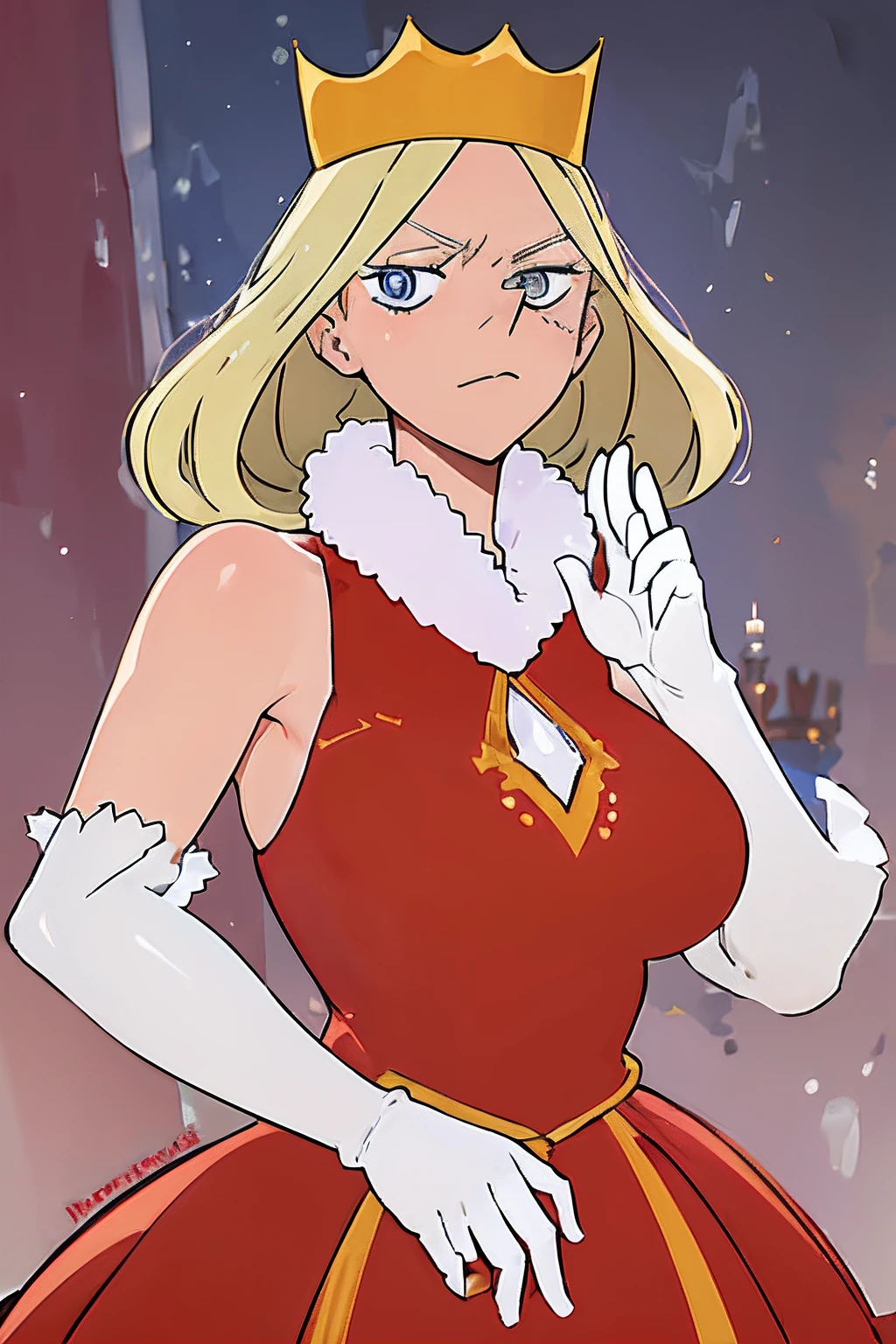 Queen Hilling, 1girl, blonde hair, blue eyes, big breasts, crown, dress, gloves, pointy nose, queen, red victorian dress, white fur tuft, solo, white background, white gloves, mature female, perfect anatomy, better hands, better face