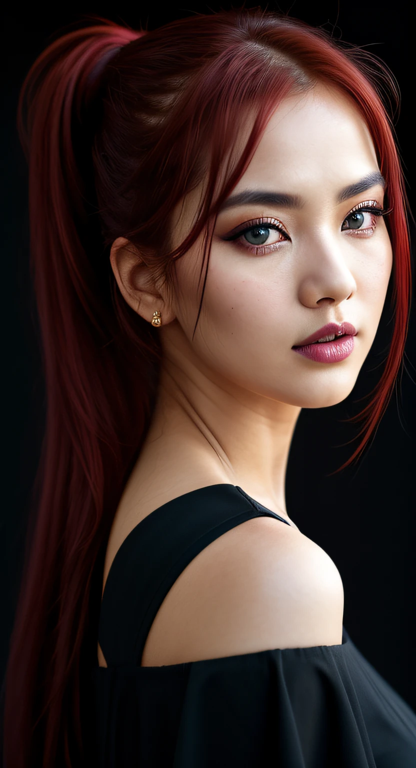 vietnam woman, (to8contrast style), (Close-up portrait), open mouth, 8k RAW photo, highest quality, detailed green eyes, eye reflection, winged eyeliner, (looking at the viewer:1.3), perfect eyes, best shadow, intricate details, interior, (crimson hair:1.3), pigtails, muted colors, high contrast style, glam shot, smoldering, (sultry:1.1), dof, bokeh, intense, languid, tempting, sensual, seductive, longing, yearning, smitten, dark photography studio, minimal lighting, deep shadows, stark contrasts, dramatic highlights, (black backdrop:1.2), dimples, fullness, plumpness, natural blue lips, bold color, alluring, captivating, striking, unforgettable, stunning, breath-taking, timeless beauty. (bare shoulders:1.2), headshot