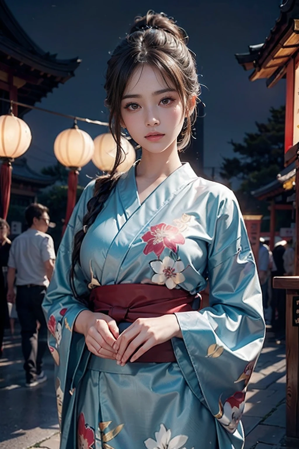 电影灯光，(((tmasterpiece))), ((best qualtiy)), ((intricate and detailed)), ((Ultra-realistic realism)), 4K,1beautiful woman,  student, poneyTail,Ultra-fine yukata,beautiful countenance,Beautiful brown eyes,face perfect,A slender,large full breasts,having a good time, Large fishbowl , Swirling flocks of goldfish, Floating goldfish, Graphic illustration, see fishes swimming,A lot of goldfish, amazing depth, Cutest, Lots of fish balls,Goldfish scooping at a summer festival, (The background is the summer festival of the shrine:1.4), Silver hair, split ponytail, star-shaped pupils, conceptual art, Art Nouveau, Glowing light, nffsw, Textured skin, masutepiece, Anatomically correct, Best Quality, 8K