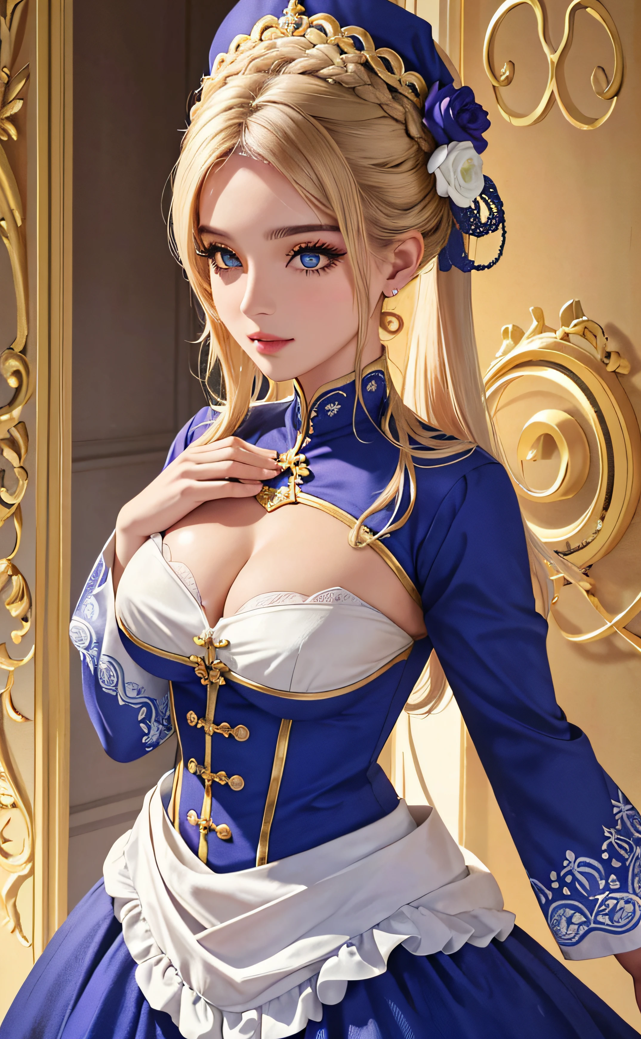 (master part:1.4, best quality), (detalhes intrincados), Unity 8k papel de parede, ultra detalhado, Beautiful and Aesthetic, perfect lighting, (1girl), (cabelos azuis, olhos violeta, medium breasts),, dynamic pose, Dynamic angle, batom, esguio, corpo magro, medium breasts, , Antecedentes detalhados, Realistic, sozinho, Rosto detalhado perfeito, Olhos com detalhes detalhados, altamente detalhado, corar, ornamento de cabelo, rodante_olho, olhos cruzados,