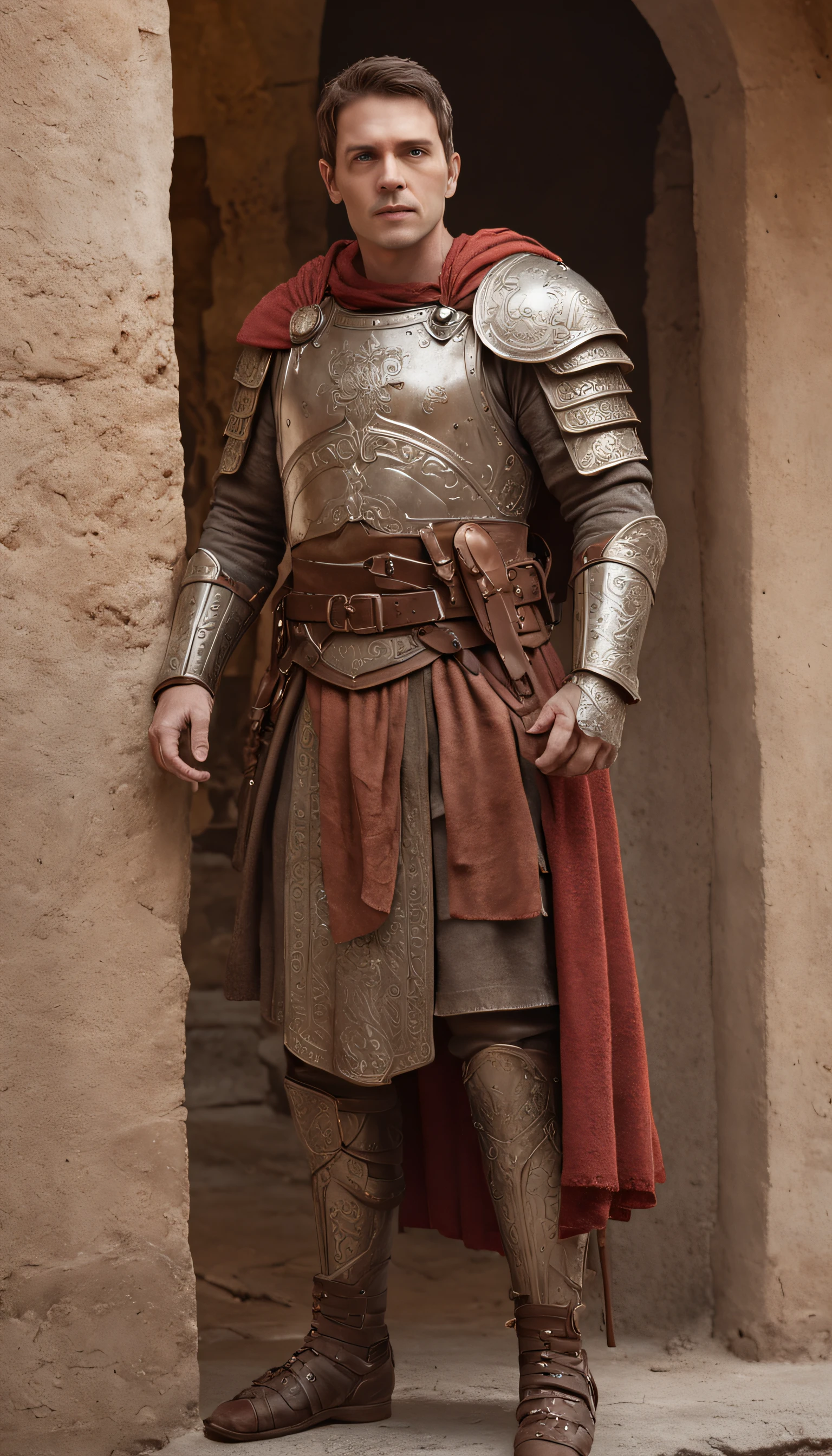 A man in Roman armor in front of a building, Graphic artist Magali Villeneuve, Estilo de arte de Marc Simonetti, Marc _ Simonetti, Magali Villeneuve», inspirado em Roman Bezpalkiv, Estilo de Marc Simonetti, Wojtek FUS, Marcos Simonetti. intrincado, Directed by: Roman Bezpalkiv