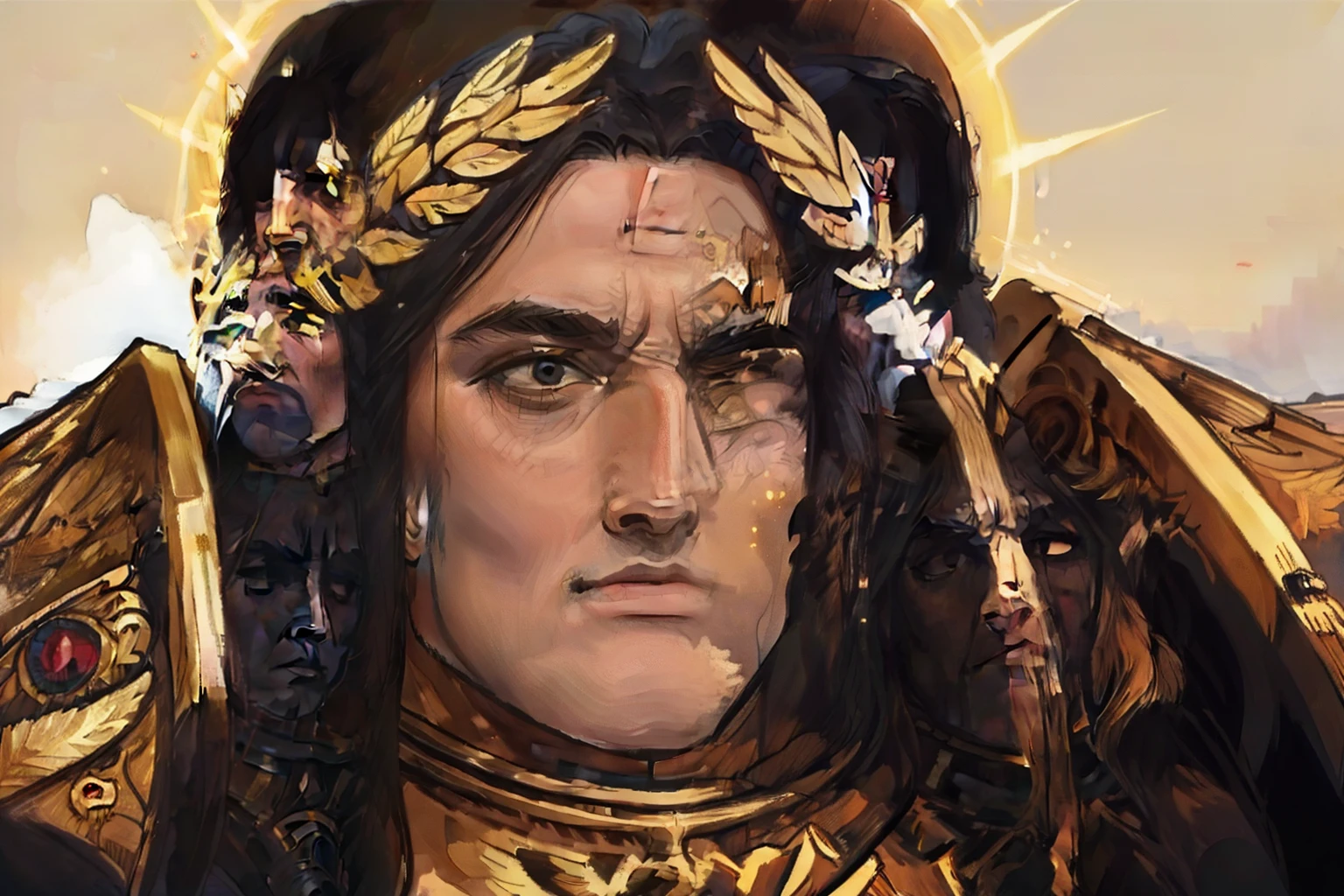 a photorealistic ART of the god emperor of mankind is a tall man with long hair, rosto forte, he's handsome, Super Real , as real as possible, altos detalhes