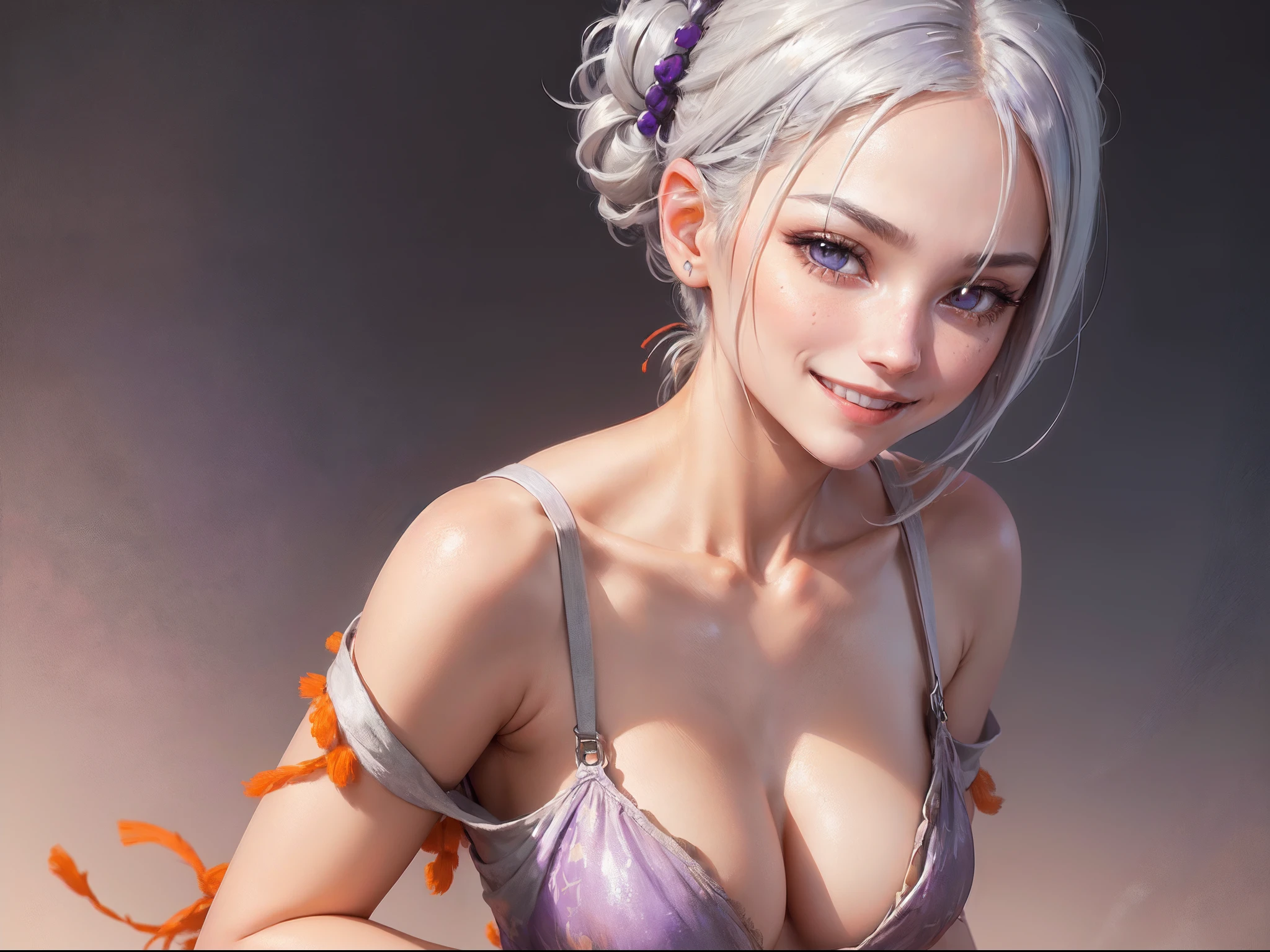 1girl, solo, ((((just head and shoulder)))), (((orange mascara))), ((((silver hair with a few red strands)))), (Cute high chignon hair), (((bare shoulders))), ((clavicle line)), (aegyosal), (grateful detailed eyes), ((button eyes)), ((purple eyes)), symmetrical eyes, (detailed face), ((photorealism)), ((2D art)), ((photorealistic)), (8k, RAW photo, masterpiece), ((smile with mouth closed))