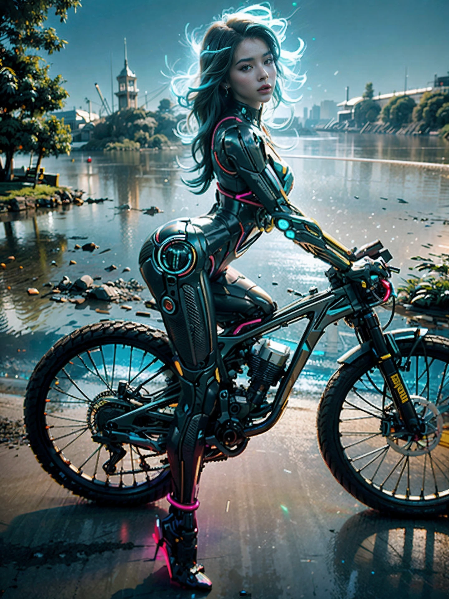 Araffe cyberpunk chica androide partes mecanicas por todo su cuerpo de alta tegnologia partes de cristal trasparentes con luces de neon , rubia de pelo largo con ojos azules, montando en superbike futurista con luces de neon estilo tron cibernetica con rudas muy anchas en en una ciudad cibernetica estilo tron, andar en moto,anda en moto futurista, 🐎🍑, Gran vista, al aire libre, realmente andando, photo , Vistas laterales, riding, 21-year-old, Postura lateral, encima,