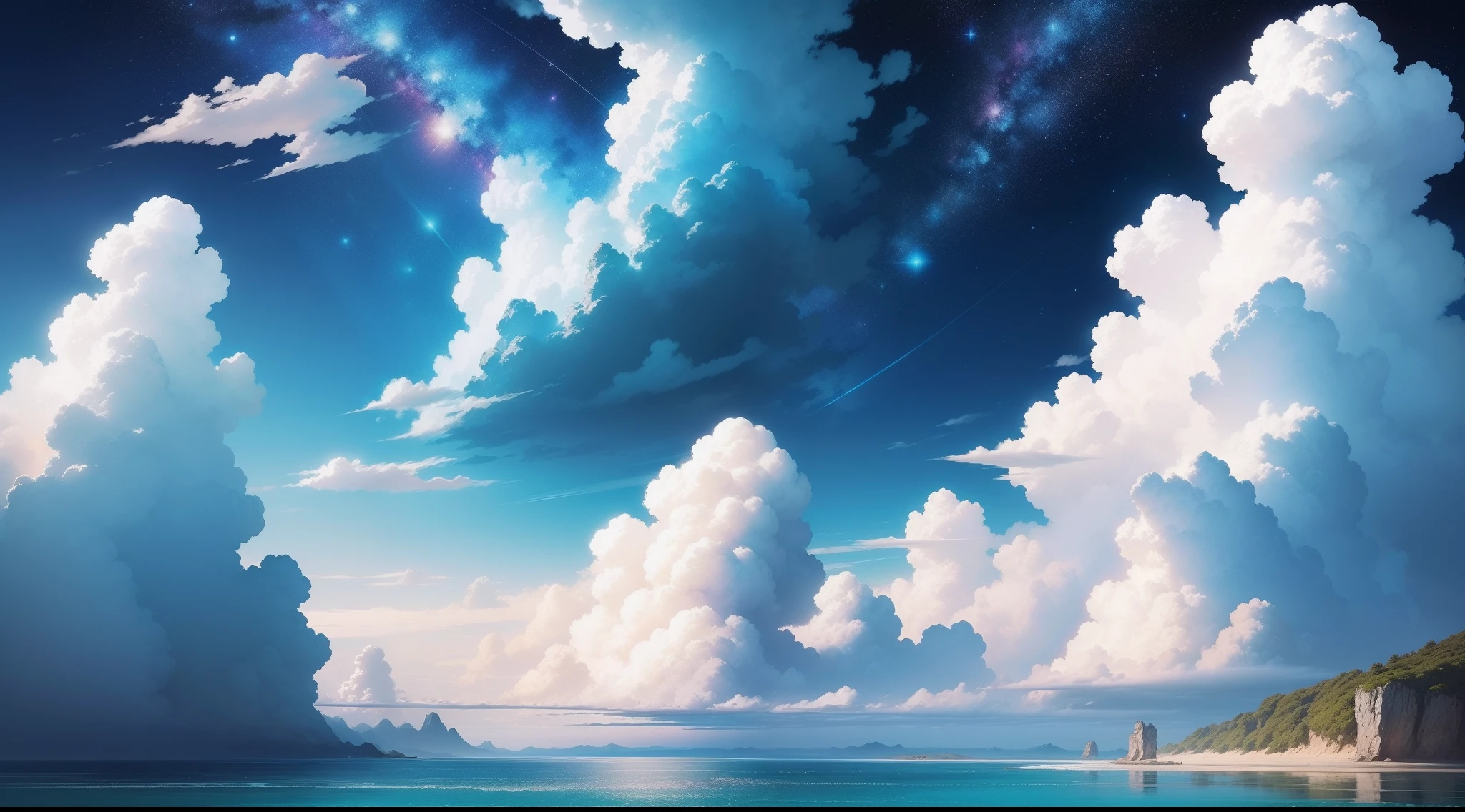 no human figures、Landscape only、Strong midday sunshine、shimmer、Drawing the sky with clouds and stars, Cosmos Sky. by Hayao Miyazaki, Anime Sky, Blue Sea., Anime Cloud, Ghibli style, by Ross Tran. scenery background, in style of hayao miyazaki, 8k、Top image quality, Master quality、beautifull puffy clouds. No islands、No land、Only by sea、Eau、Transmits light、A sight too beautiful、