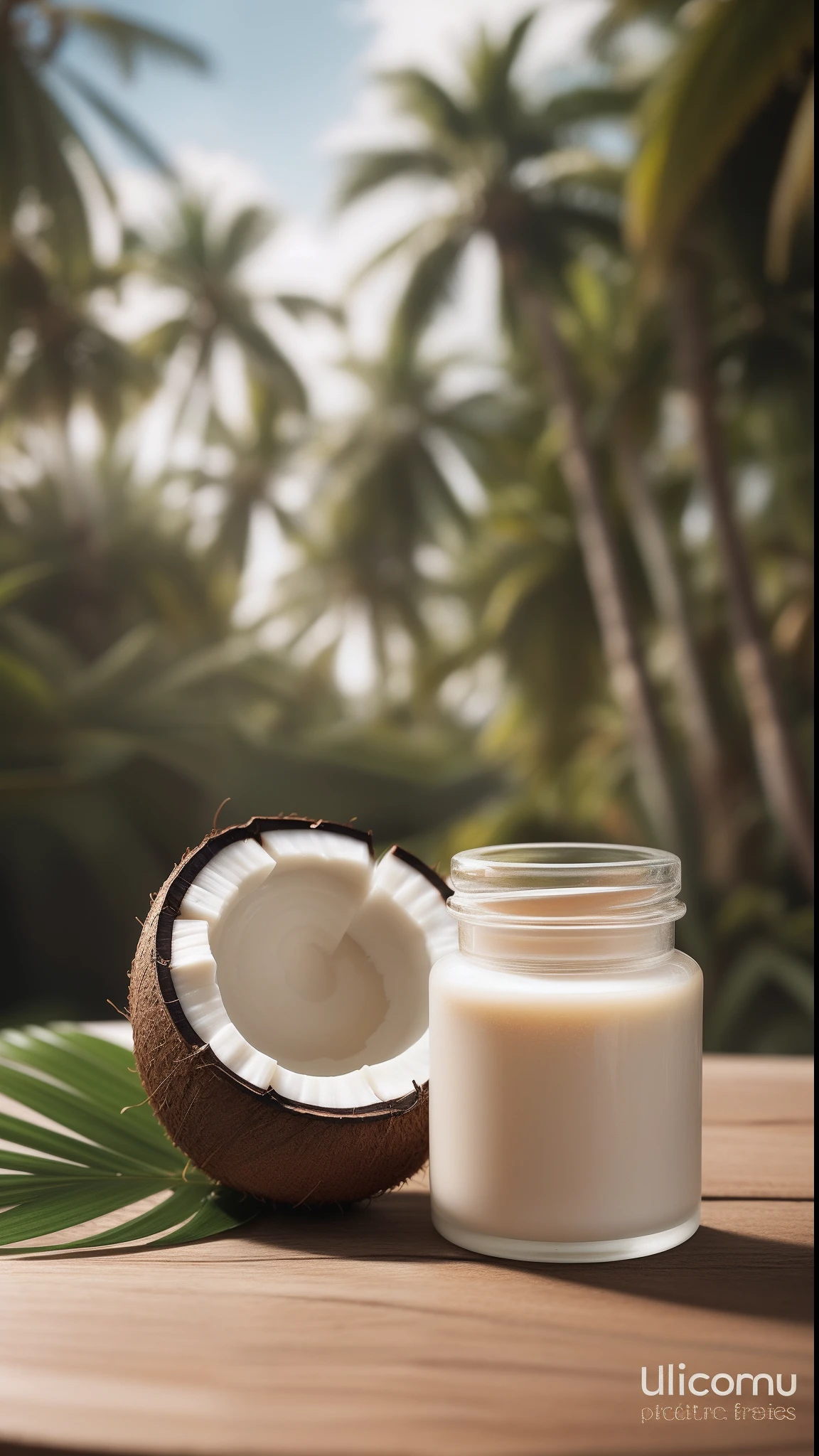 Generate a visually appealing and realistic image of coconut sugar. In a modern kitchen The main focus should be a clear glass jar filled with pure, white coconut oil,.. Beside the jar, depict a coconut cut in half, showing the fresh white meat from which the oil is derived. Include subtle details like the fibrous outer shell of the coconut and a small, wooden spoon resting against the jar, suggesting its use in cooking or skin care. Aim for a soft lighting setup that highlights the natural sheen of the coconut oil and evokes a sense of purity and naturalness. The overall composition should be simple yet elegant, suitable for use in a culinary or health and wellness context."