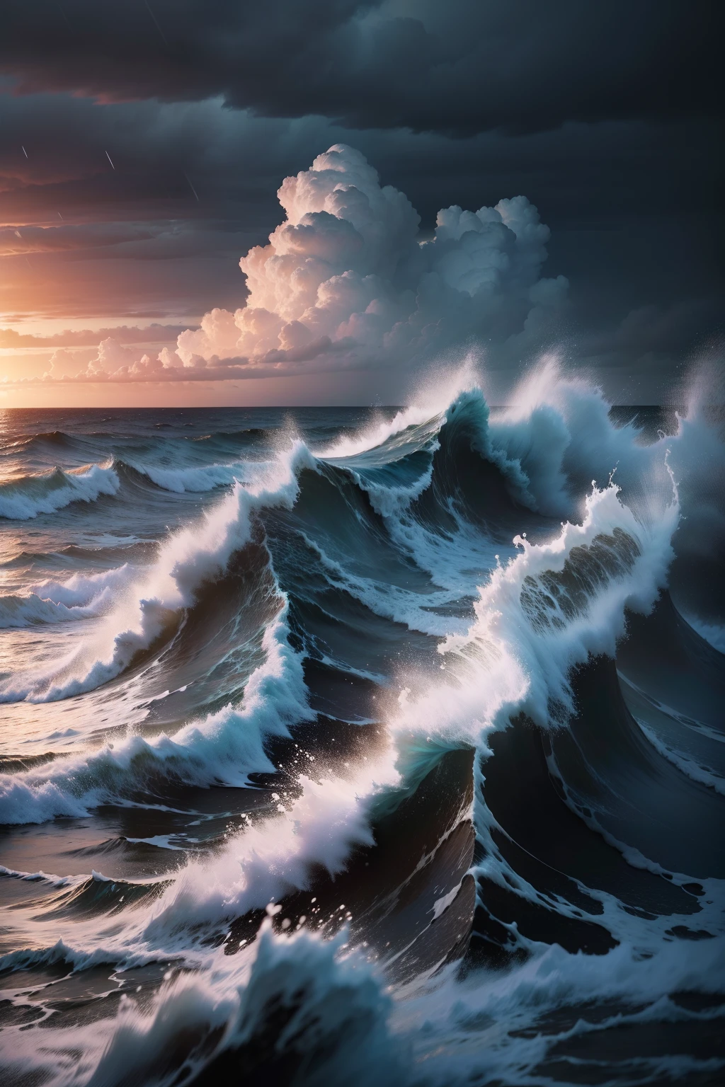 Storm in the sea at midnight RAW photo,small detailed,realisticlying,Ultra-realistic photos,8K UHD,Digital SLR,softlighting,high high quality,filmgrain,Fujifilm XT3,(tmasterpiece)