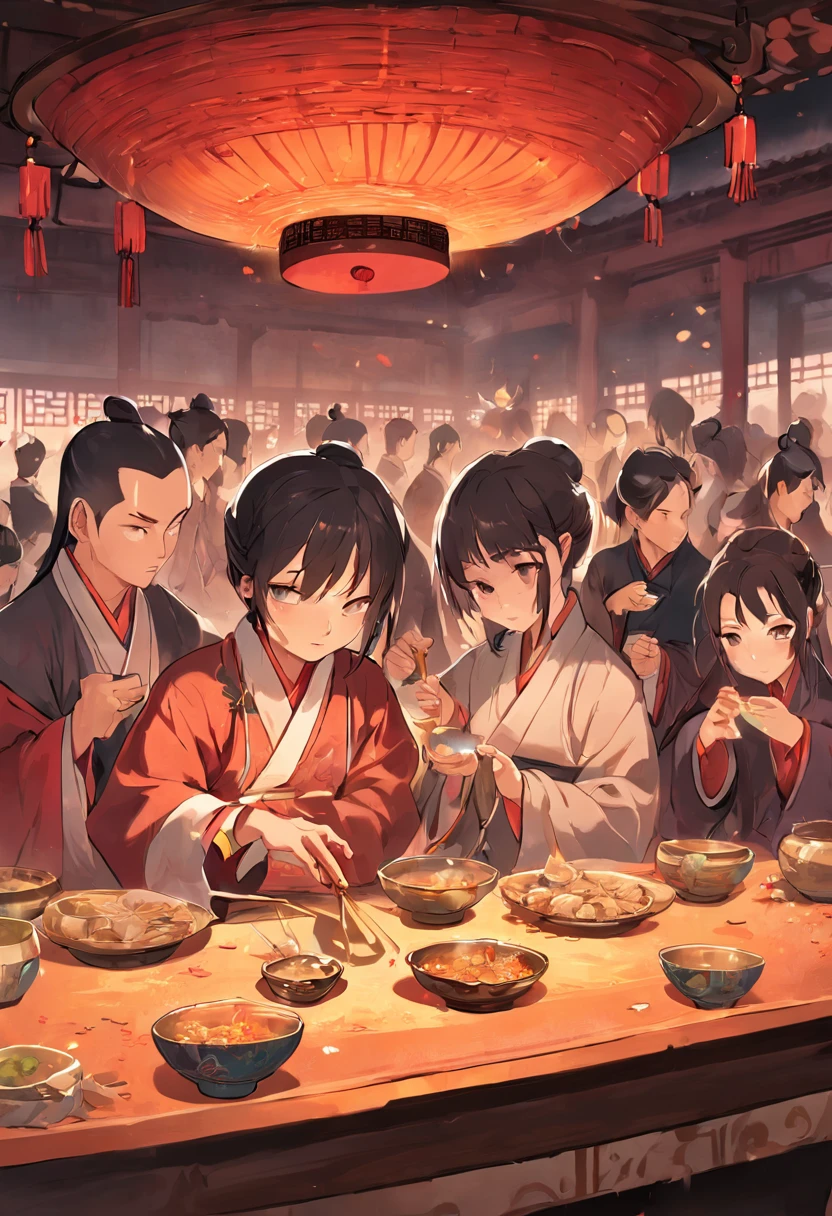 12 people gathered around a large table, Hold the wine bowl in both hands and drink the big bowl, Liangshan Good Han Juyi Hall，Ancient martial artist attire, Chinese restaurant, Banquet scene,