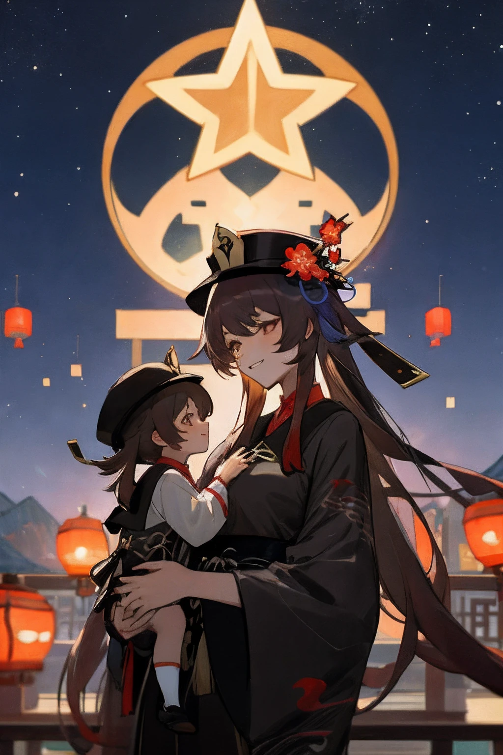 Anime image of two women wearing traditional Chinese costumes on a starry night, Palace maid Hanfu, WLOP and Sakimichan, Hat Hu Tao, Long hair, double tails, black haired deity, 《azur lane》role, Anime fantasy illustration, A scene from the《azur lane》videogame, Genshin, Guviz-style artwork, Hu Tao detailed art, two beautiful anime girls, Mother and child, A symbol of maternal love, Mother and child, Such as mother and child photos, mischievous grin, starry night background , Mother and son play in a traditional Chinese house, Lanterns, Sit back and enjoy the view of Chinatown