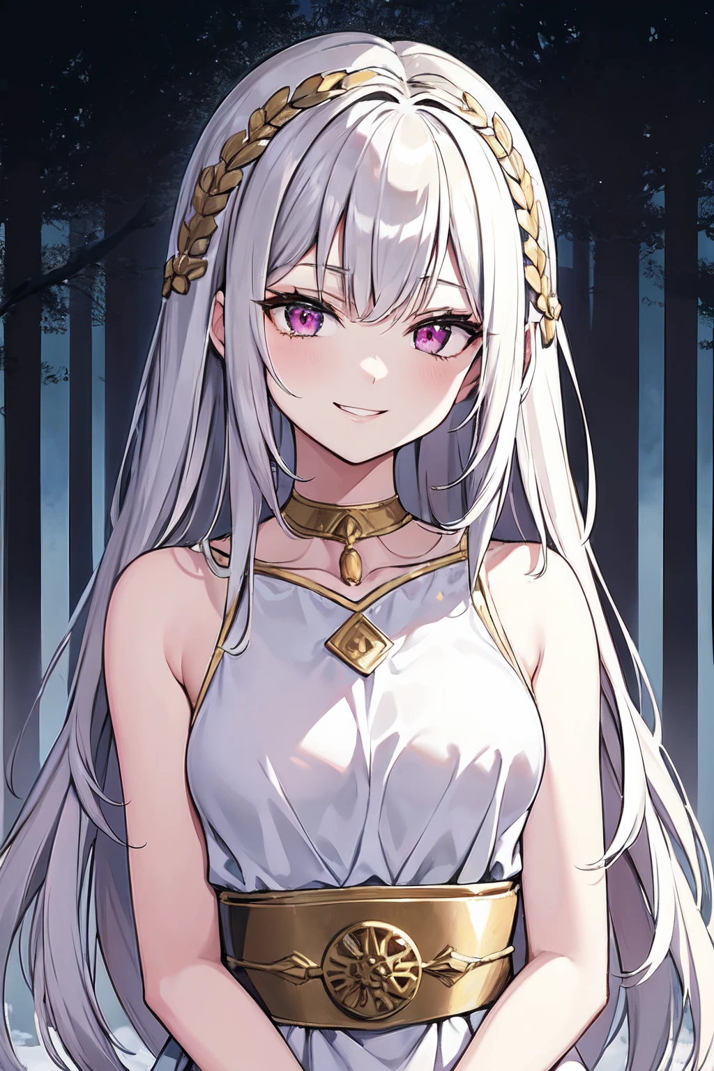 masterpiece, best quality, 16k, 1girl, solo, long hair, light hair, wavy hair, platinum hair, hair bangs, petite, (medium breasts:1.1), rating:safe, pink eyes, hair between eyes, evil smile, grin, gesugao, madman smile, wearing a peplos, ancient greek dress, gold bracelets, arms behind back, head tilt, evil queen, royalty, goddess, majestic, ((outdoors, winter, winter forest)), face only, upper body