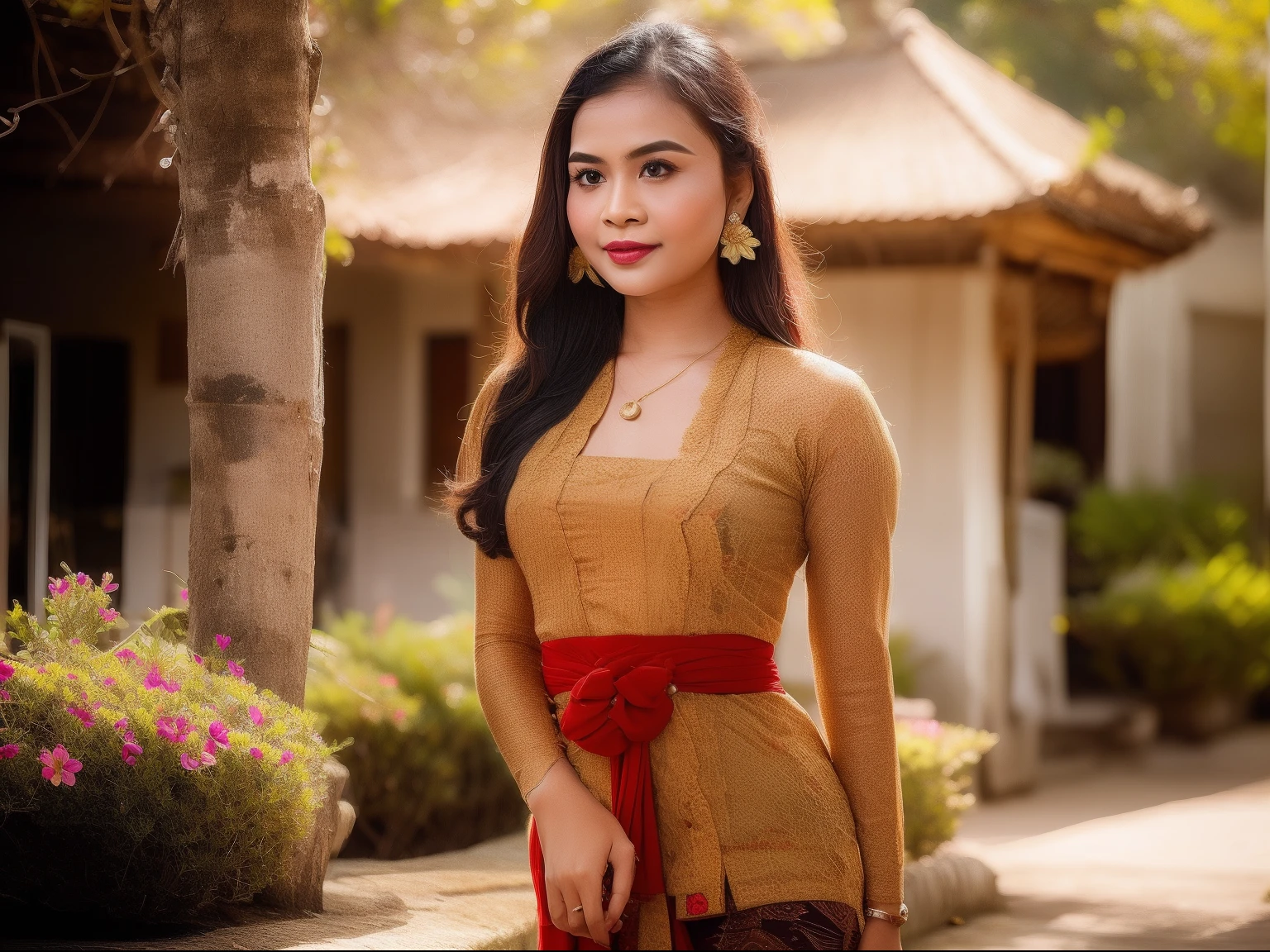 photography, woman, portrait of woman wearing kebaya_bali in black long kebaya dress traditional, indonesian girl, (javanese girl), red lipstick, golden necklace, earrings, ornate, detail, flowers, blurry background, soft focus