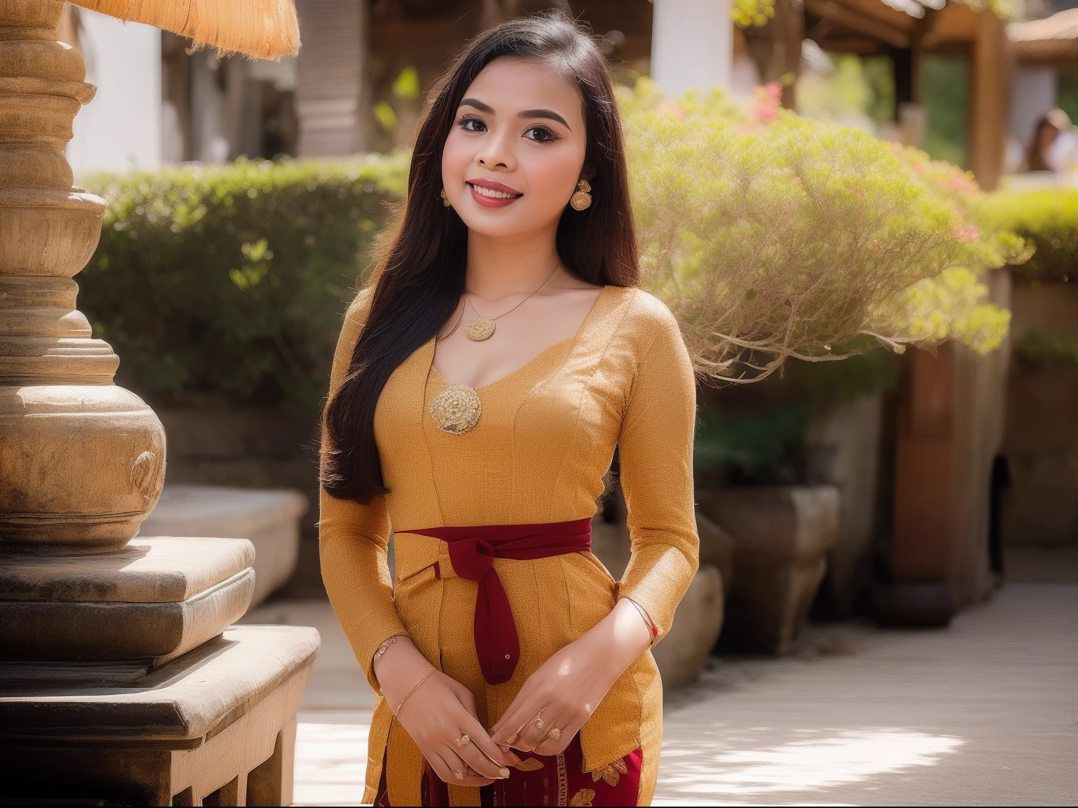 photography, woman,  portrait of woman wearing kebaya_bali in black long kebaya dress traditional, indonesian girl, (javanese girl), red lipstick, golden necklace, earrings, ornate, detail, flowers, blurry background, soft focus