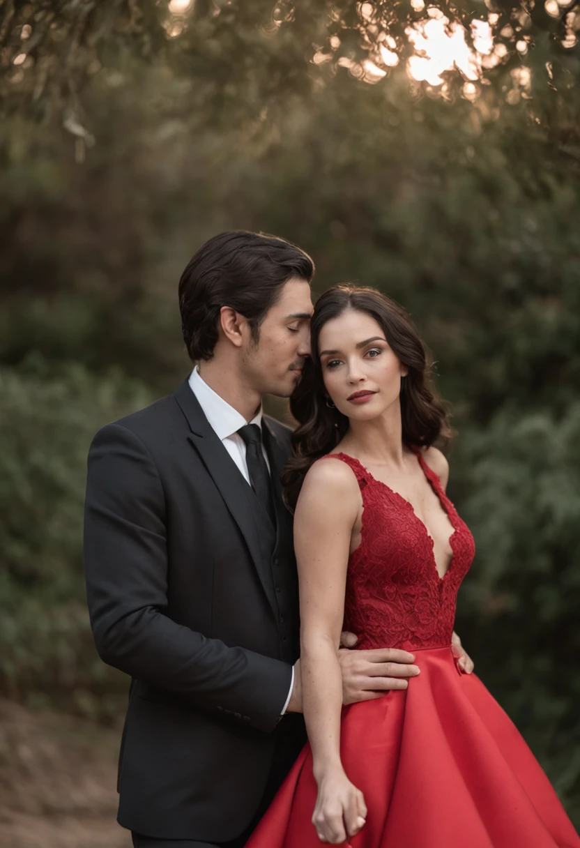 Homem de terno preto e mulher de vestido vermelho, um casal elegante, Lovely couple, romantic couple, homem e mulher, Photo Session, com longos cabelos pretos, Homem e mulher apaixonados, foto de retrato, pose de casal, par, attractive female, vestindo roupas pretas elegantes, com cabelos pretos, apelo masculino alta moda, Fumegante, muito intenso, sensual,
