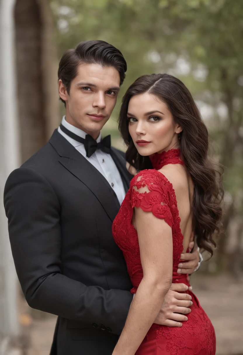 Homem de terno preto e mulher de vestido vermelho, um casal elegante, Lovely couple, romantic couple, homem e mulher, Photo Session, com longos cabelos pretos, Homem e mulher apaixonados, foto de retrato, pose de casal, par, attractive female, vestindo roupas pretas elegantes, com cabelos pretos, apelo masculino alta moda, Fumegante, muito intenso, sensual,