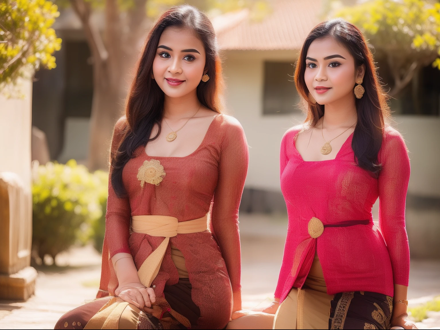 photography, woman,  portrait of woman wearing kebaya_bali in black long kebaya dress traditional, indonesian girl, (javanese girl), red lipstick, golden necklace, earrings, ornate, detail, flowers, blurry background, soft focus