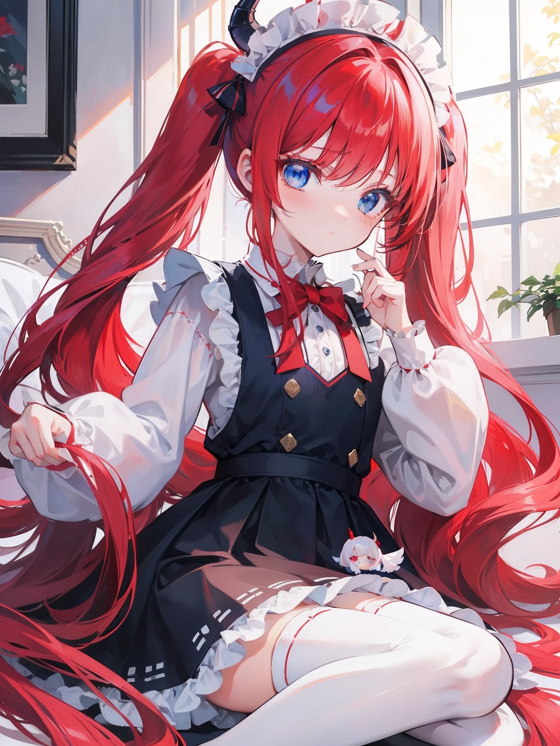 red hair,blue eyes,twintails,maid, long hair, long sleeves, gothic, solo, loli,Short skirt, white stockings,{{best quality}}, {{masterpiece}}, {{ultra-detailed}}, {illustration}, {detailed light}, {an extremely delicate and beautiful}, girl,cute,dragon horns