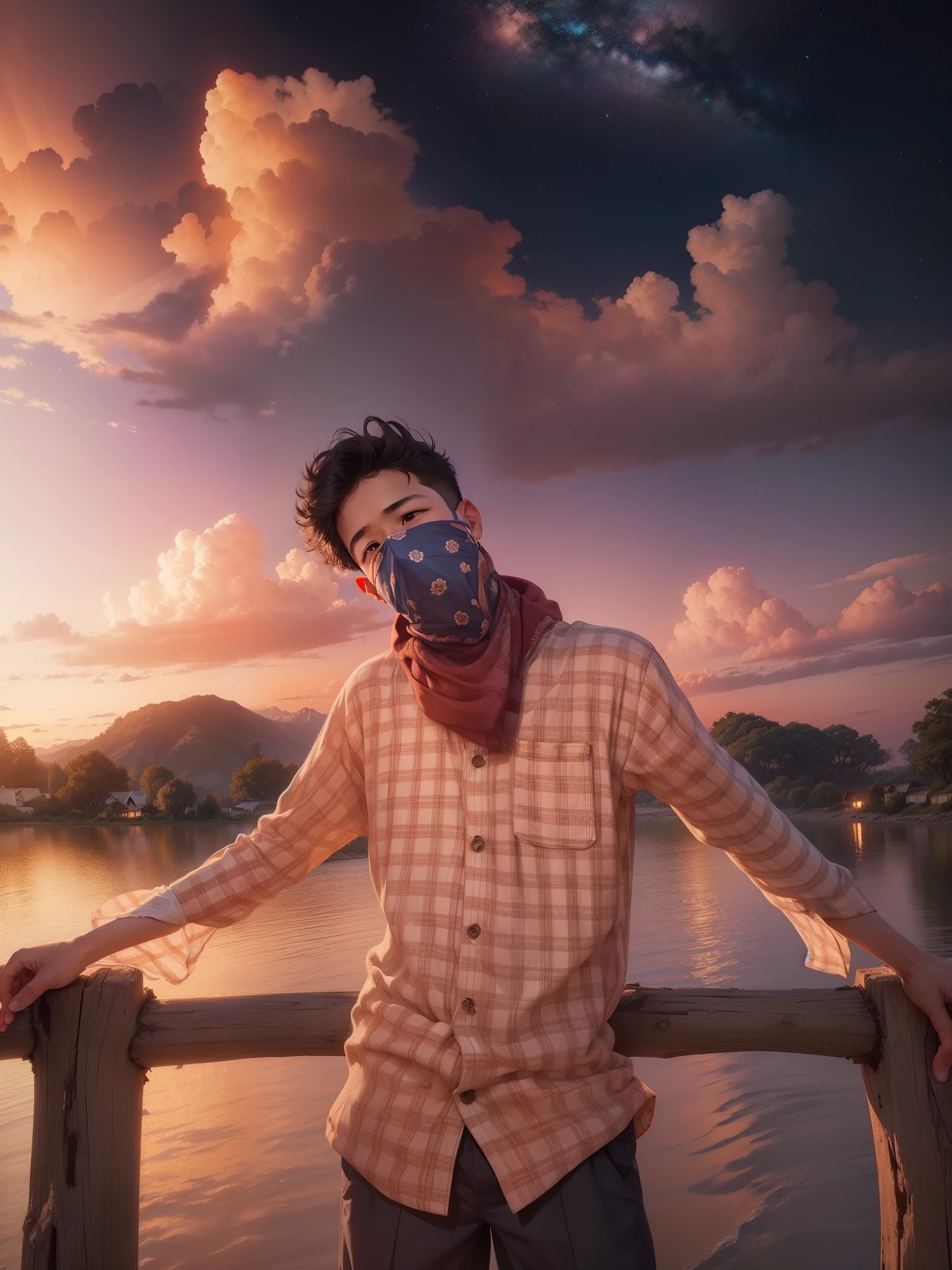 The sky above is a masterpiece of warm oranges, pinks, and purples, with the first stars beginning to twinkle as night approaches. The boy's outstretched arms convey a sense of openness and connection to the natural world around him. It's a moment frozen in time, capturing the beauty of nature and the pure joy of being in the presence of such breathtaking scenery.
