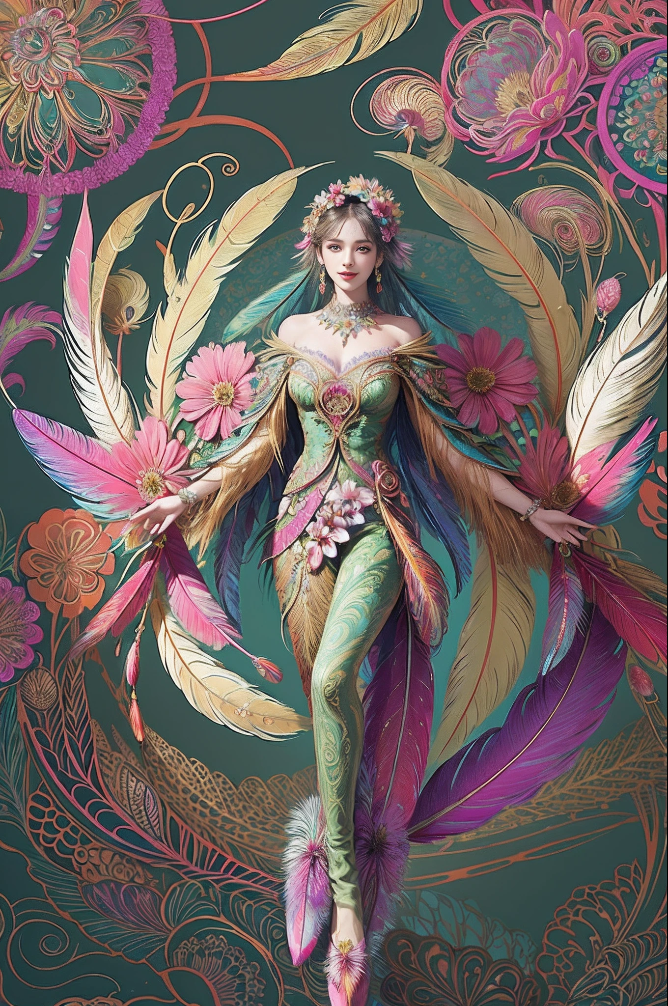 tmasterpiece，超A high resolution，a beautiful  woman，The perfect figure to fly in the sky，The facial features are delicate and beautiful，middlebreast，No clothes all over，（（There are a lot of flowers in the picture）），The body is wrapped around the body with gemstones and flower vines，many，Gemstones and jadeite are connected with green stems to decorate the body，（The body is surrounded by dense flower branches），Correct human posture，Correct anatomy，Magical world，Artistic effects，rich colours，The colors are natural，Extremely high imagination，Perfect artistic effect，Shadows are clear，ultra-realistic realism，Real Photographics，Ultra HD images，High quality detailing， Cinematic lighting，（（Contre-Jour））,absurderes, unbelievable Ridiculous, hugefilesize, ultra - detailed, A high resolution, The is very detailed，best qualtiy，tmasterpiece，illustratio，The is very detailed，CG，unified，8k 壁纸，Amazing Cleavage，finely detailled，tmasterpiece