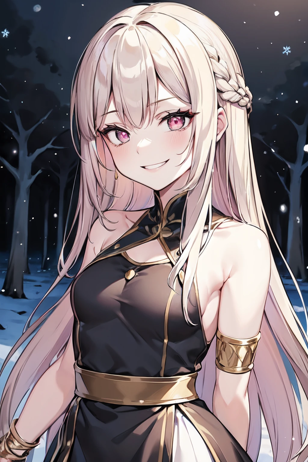 masterpiece, best quality, 16k, 1girl, solo, long hair, light hair, wavy hair, platinum hair, hair bangs, petite, (medium breasts:1.1), rating:safe, pink eyes, hair between eyes, evil smile, grin, gesugao, madman smile, wearing a peplos, ancient greek dress, gold bracelets, arms behind back, head tilt, evil queen, royalty, goddess, majestic, ((outdoors, winter, winter forest)), face only, upper body