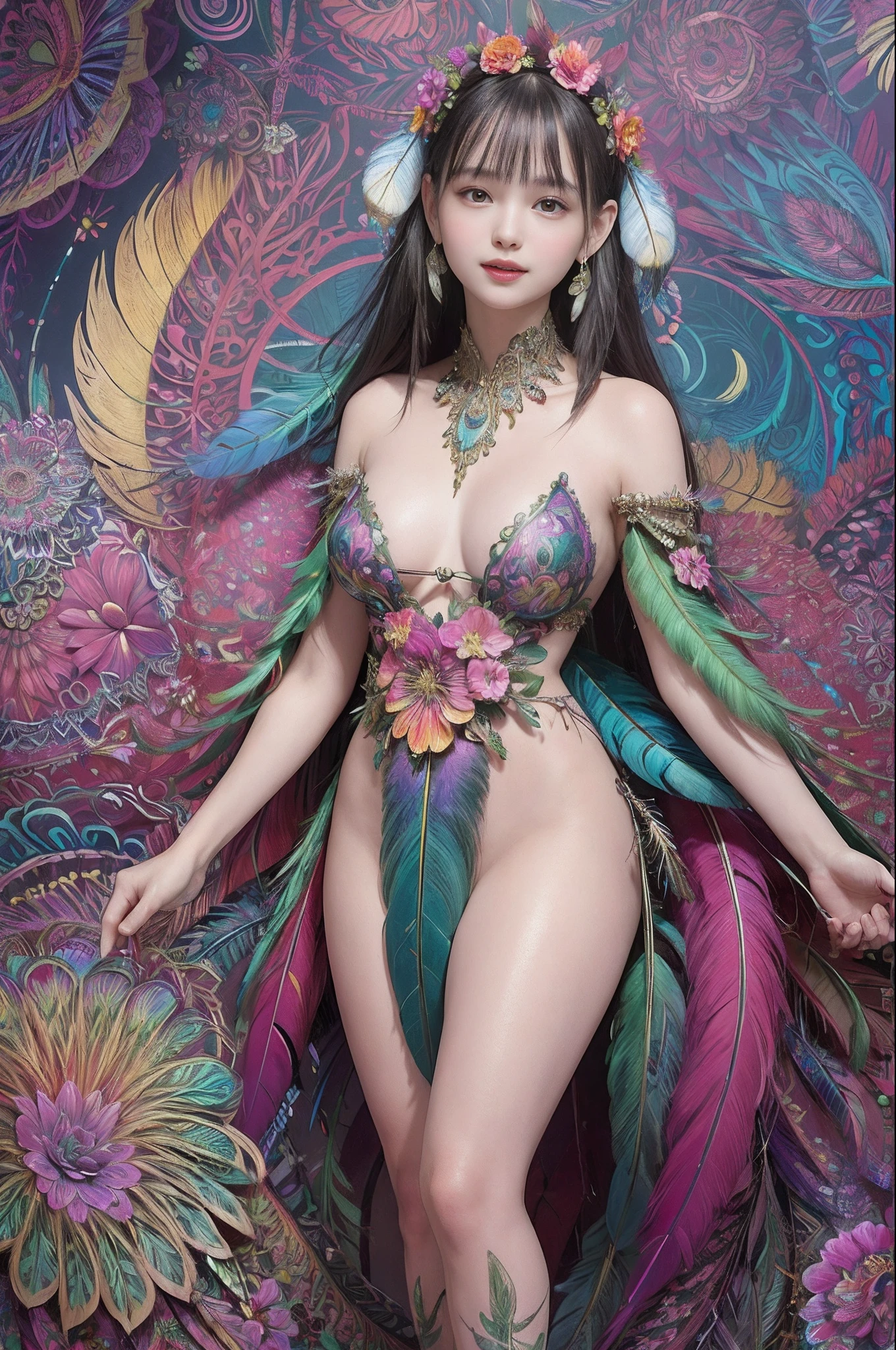 (masterpiece, top quality, best quality, official art, beautiful and aesthetic:1.2), (1girl:1.3), extremely detailed,(fractal art:1.1),(colorful:1.1)(flowers:1.3),highest detailed,(zentangle:1.2), full body, (abstract background:1.3), (shiny skin), (many colors:1.4), ,(earrings), (feathers:1.5), joyful smile