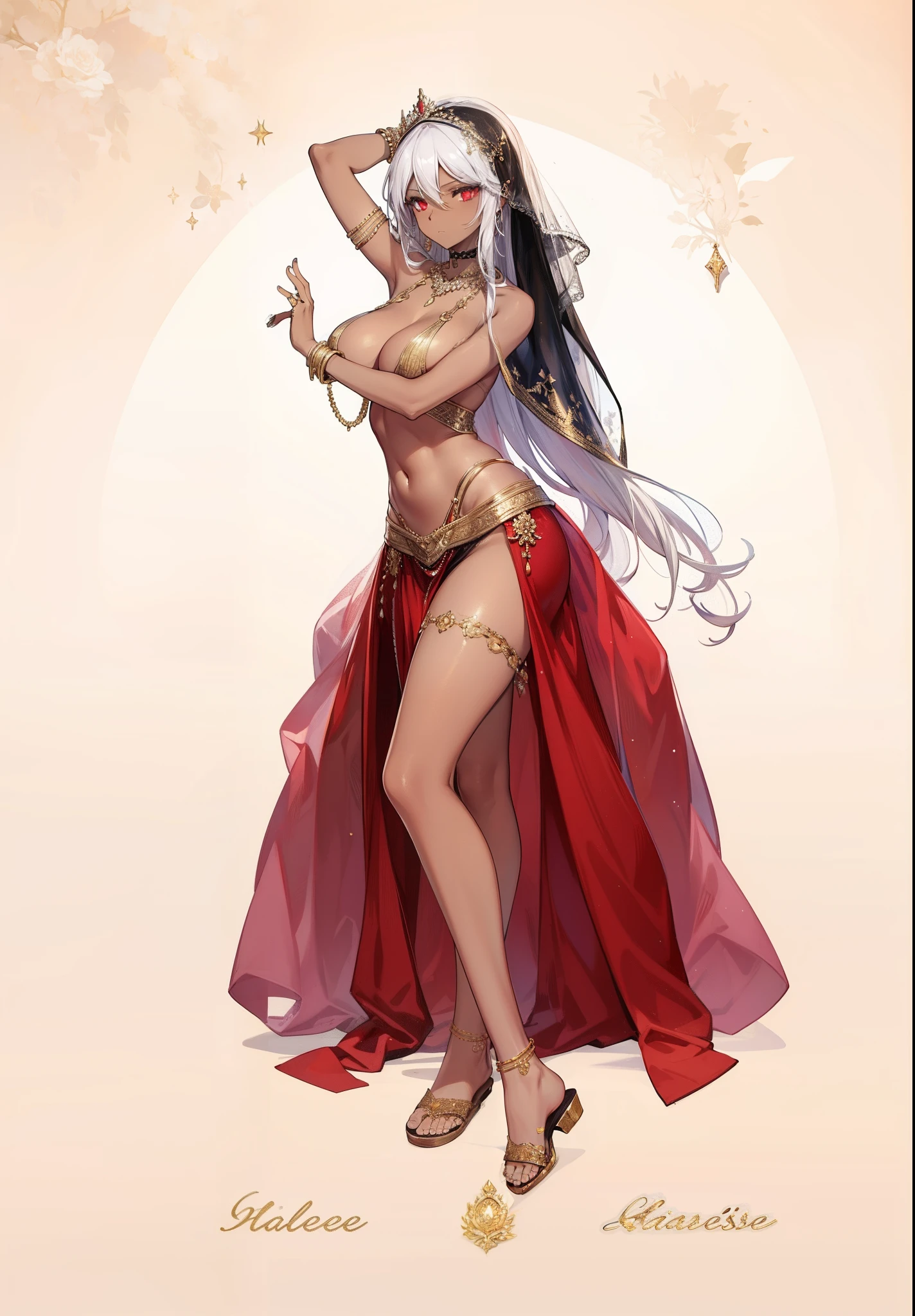 expressionless,masterpiece,(bestquality),highlydetailed,ultra-detailed,light, at the palace, in a halterneck harem outfit ,((Dark skin)),gold_choker, belly_chain,necklace and veil, 1girl, assassin, with long hair in takes, white hair and silver hair, red eyes, revealing clothes with bouncing breast, wearing sandals and a pelvic_curtain. Add a glint effect to the outline.