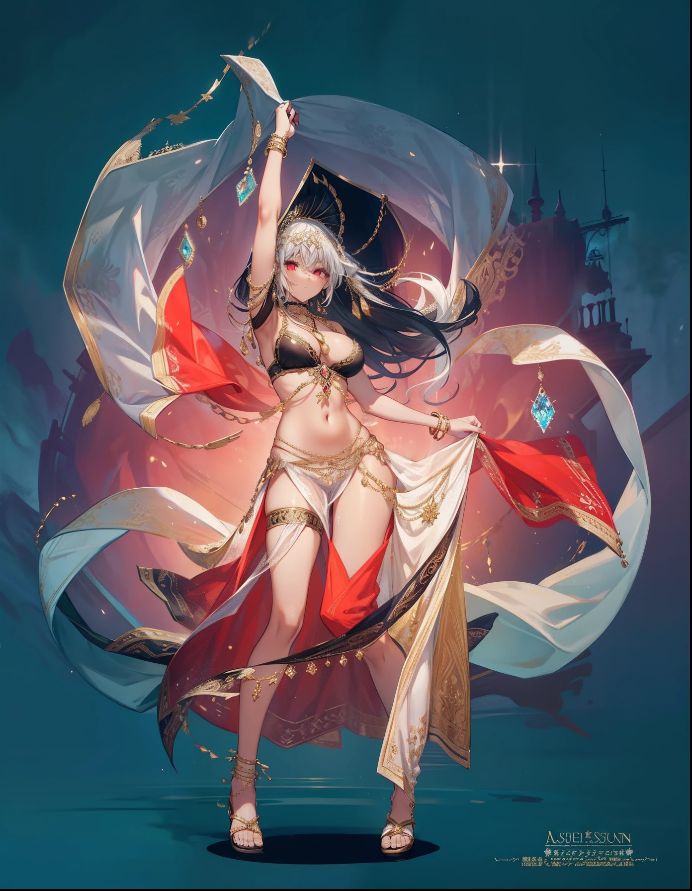 expressionless,masterpiece,(bestquality),highlydetailed,ultra-detailed,light, at the palace, in a halterneck harem outfit ,((Dark skin)),gold_choker, belly_chain,necklace and veil, 1girl, assassin, with long hair in takes, white hair and silver hair, red eyes, revealing clothes with bouncing breast, wearing sandals and a pelvic_curtain. Add a glint effect to the outline.
