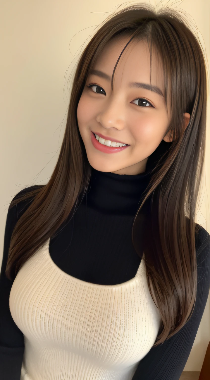 ((top-quality、8K、​masterpiece:1.3))、女の子1人、((Beautiful hair))、Beautiful woman with slender abs:1.3、(((very Bigger breasts、1.6)))、Turtleneck made of knitted material:1.1、hyperdetailed face、A detailed eye、二重まぶた、(Photograph the whole body)、(Smile)