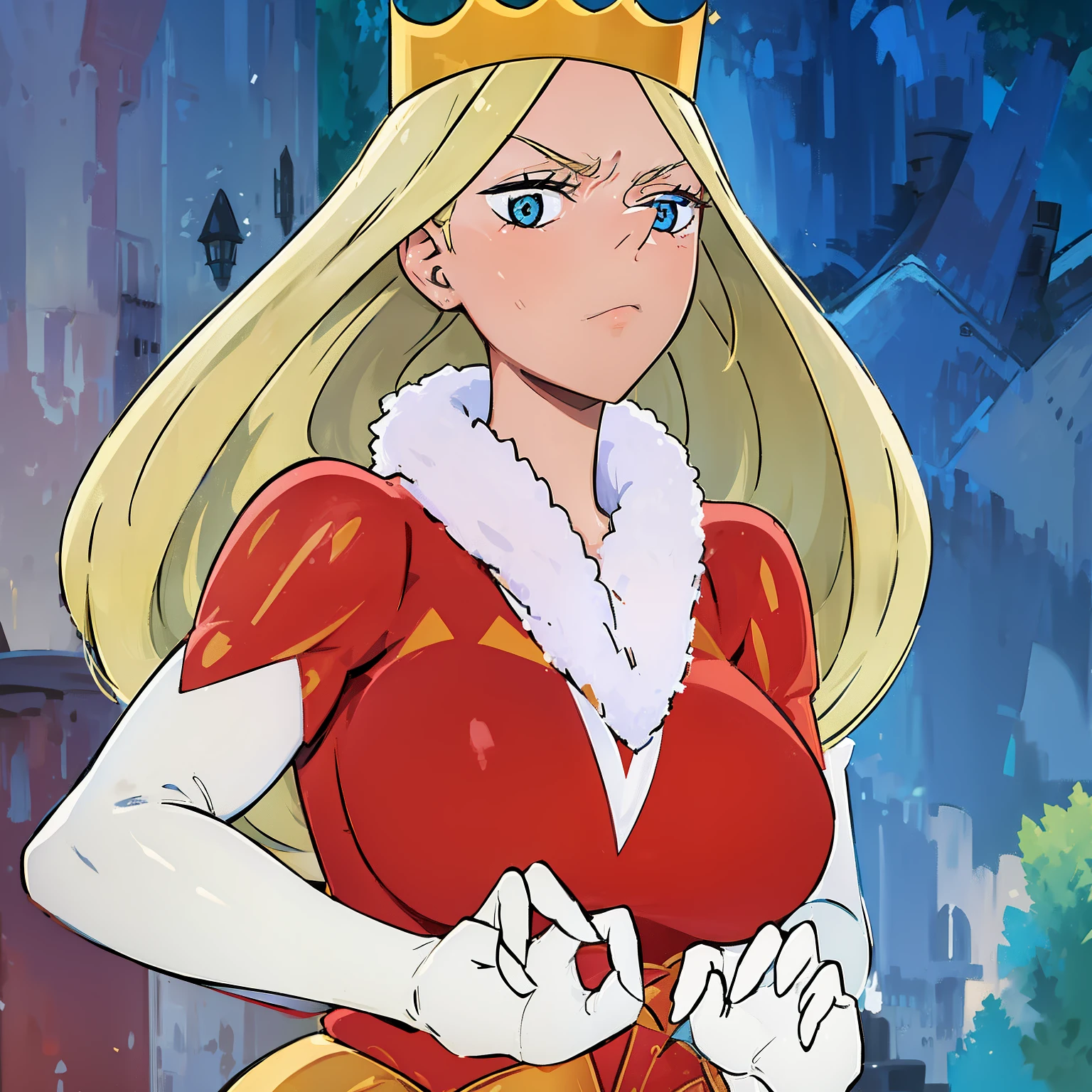 Queen Hilling, 1girl, blonde hair, blue eyes, big breasts, crown, dress, gloves, pointy nose, queen, red victorian dress, white fur tuft, solo, white background, white gloves, mature female, perfect anatomy, better hands, better face