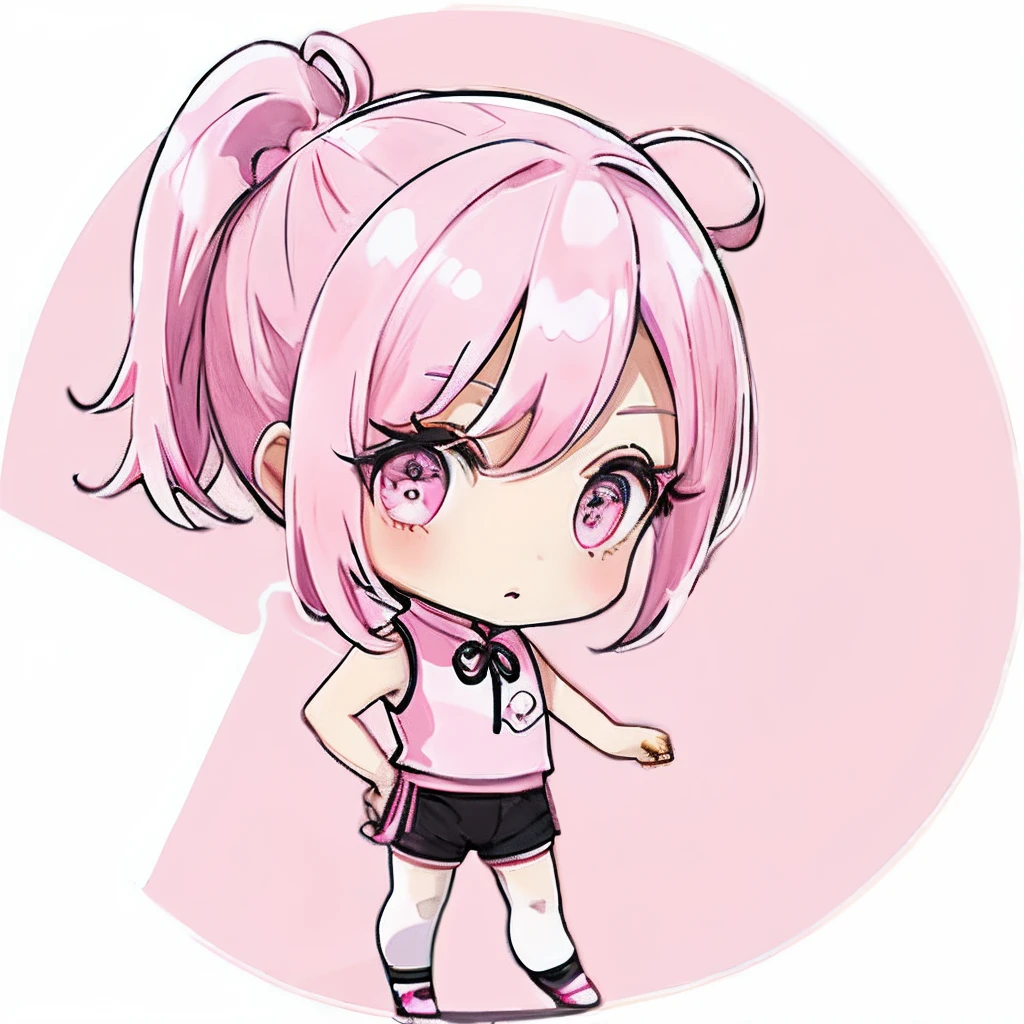 Pink outerwear、1girl in, Chibi, White background,Pink ponytail、Black shorts、 Single, Pink china clothes, Sleeveless、Standing, Sideways
