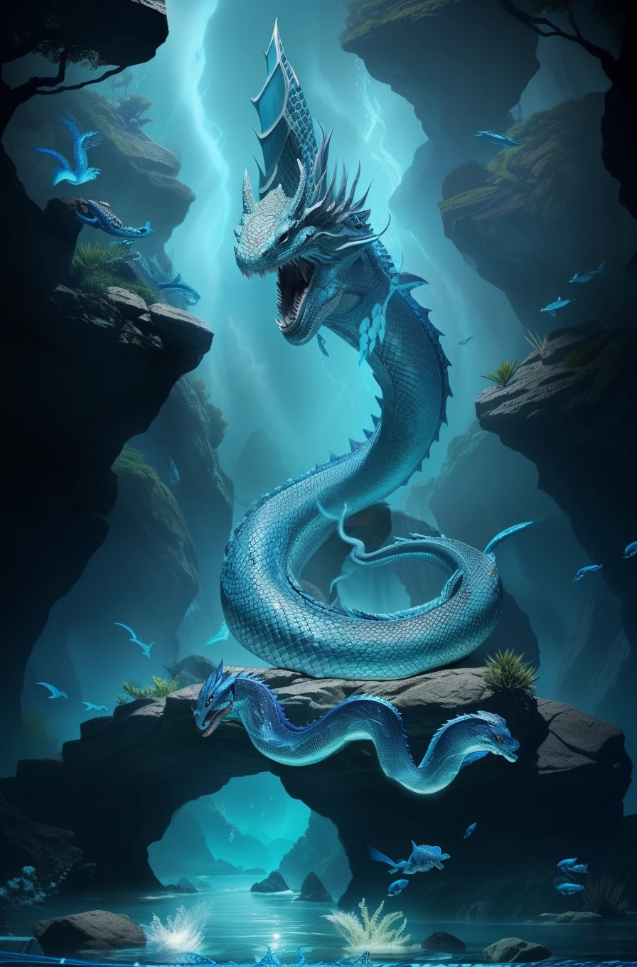 A blue serpent sits on a rock under water....., , Serpent-Tirr, snake, serpentine water monster, blue dragon, Blue Desinn, cyan chinese dragon fantasy, dmt god, Mythical Creatures, blue scaled dragon, water dragon, Sea Naga, The snake has very mysterious wings........., Ethereal eel, Naga-Hakash
