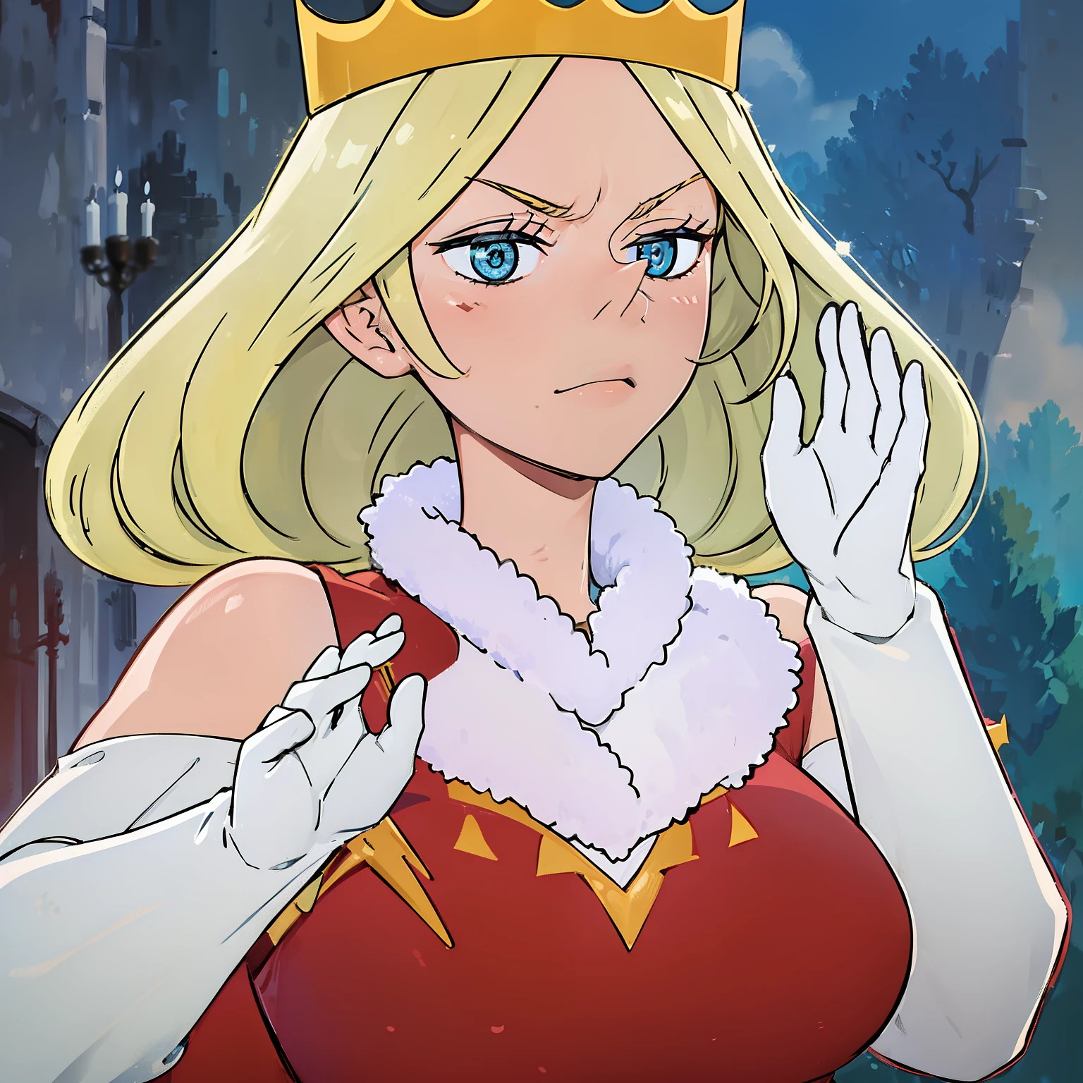 Queen Hilling, 1girl, blonde hair, blue eyes, big breasts, crown, dress, gloves, pointy nose, queen, red victorian dress, white fur tuft, solo, white background, white gloves, mature female, perfect anatomy, better hands, better face