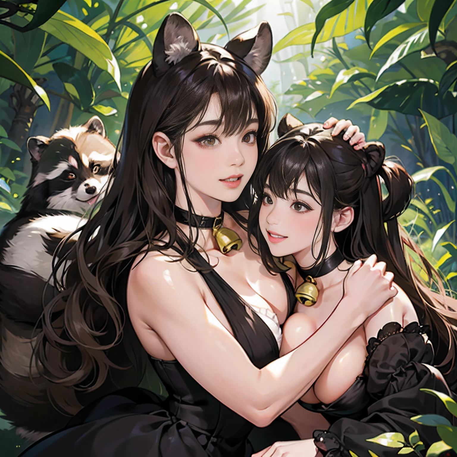 Women in Their 20s、 Fantasia、offcial art, unity 8k wall paper, ultra-detailliert, beautifly、Aesthetic, masterpiece, top-quality, Photorealsitic、Black eyes、Tanuki face、Tanuki Woman、Raccoon ears、Collar with bell:2.0、Brown and black fur dress、depth of fields, Fantastic atmosphere, Calm palette, tranquil mood, Soft shading、bbw、very large breast、plump figure、Huge breasts、In the dark forest、a plant、A flock of raccoon dogs:1.6、Happy smile、Playing with raccoon dogs