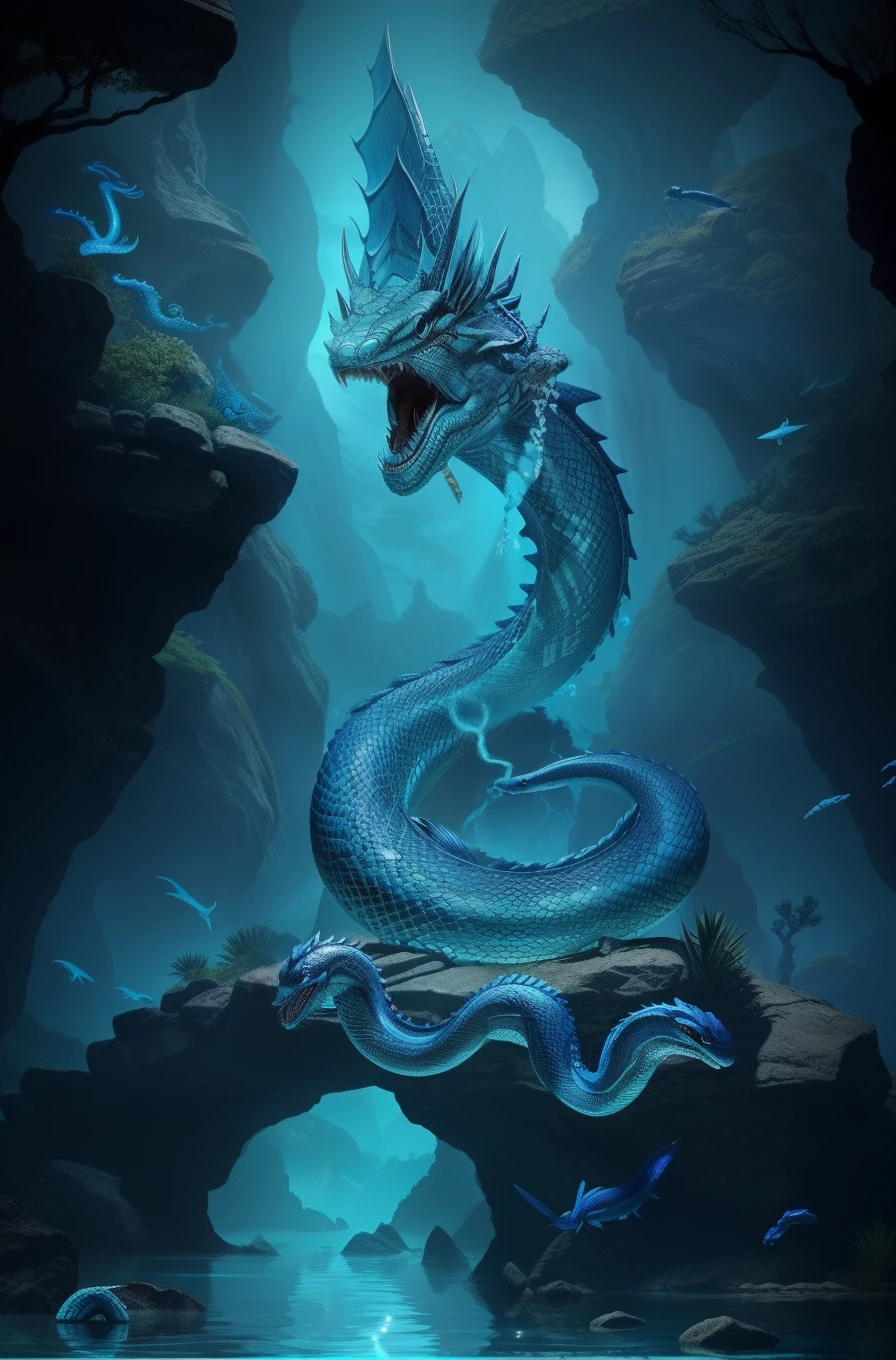 A blue serpent sits on a rock under water....., , Serpent-Tirr, snake, serpentine water monster, blue dragon, Blue Desinn, cyan chinese dragon fantasy, dmt god, Mythical Creatures, blue scaled dragon, water dragon, Sea Naga, The snake has very mysterious wings........., Ethereal eel, Naga-Hakash