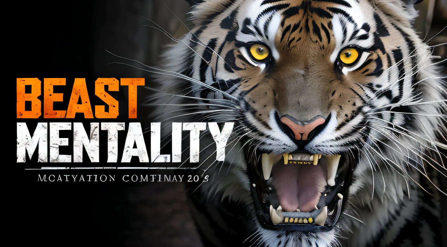 a close up of a tiger with yellow eyes and the words beast mentality, insanely compelling, beastly, visuality, tiger_beast, insanely realistic, best on cgsociety, unbeatable quality, visual fidelity, insanly detailed, incredibly realistic, realistically, cgsociety uhd 4k highly detailed, extreamly realistic, high definition cgsociety, high quality realistic