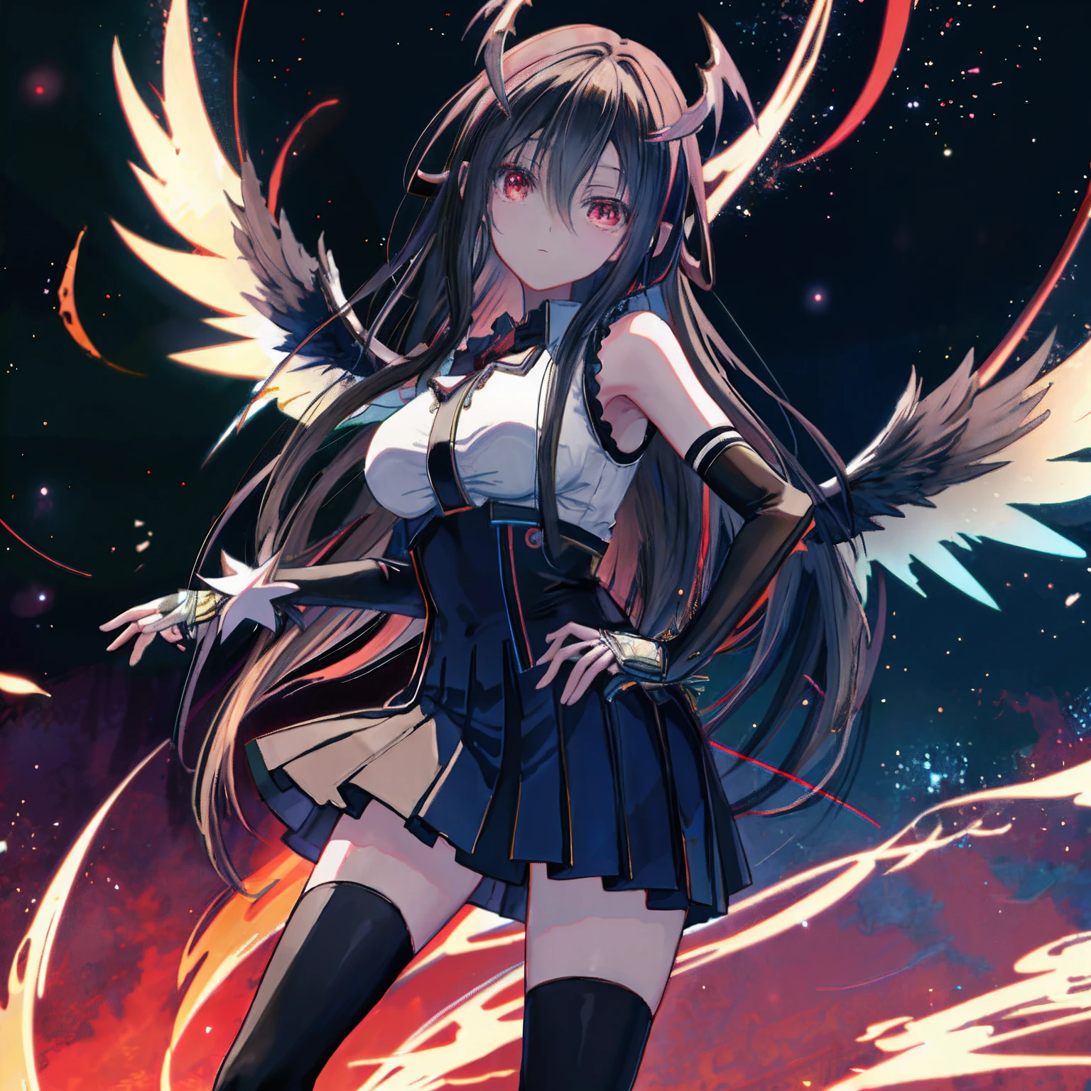 anime big breast, Anime girl, Wings, demon anime girl, high detailed official artwork, style of anime4 K, Anime visuals for girls, Detailed key anime art, Anime art wallpaper 8 K, mika kurai demon, Anime art wallpaper 4 K，16 yaers old，brunette color hair，long whitr hair，Flames erupted from his eyes，校服，The demons，unholy，Black wings，校服，mizore，One guy