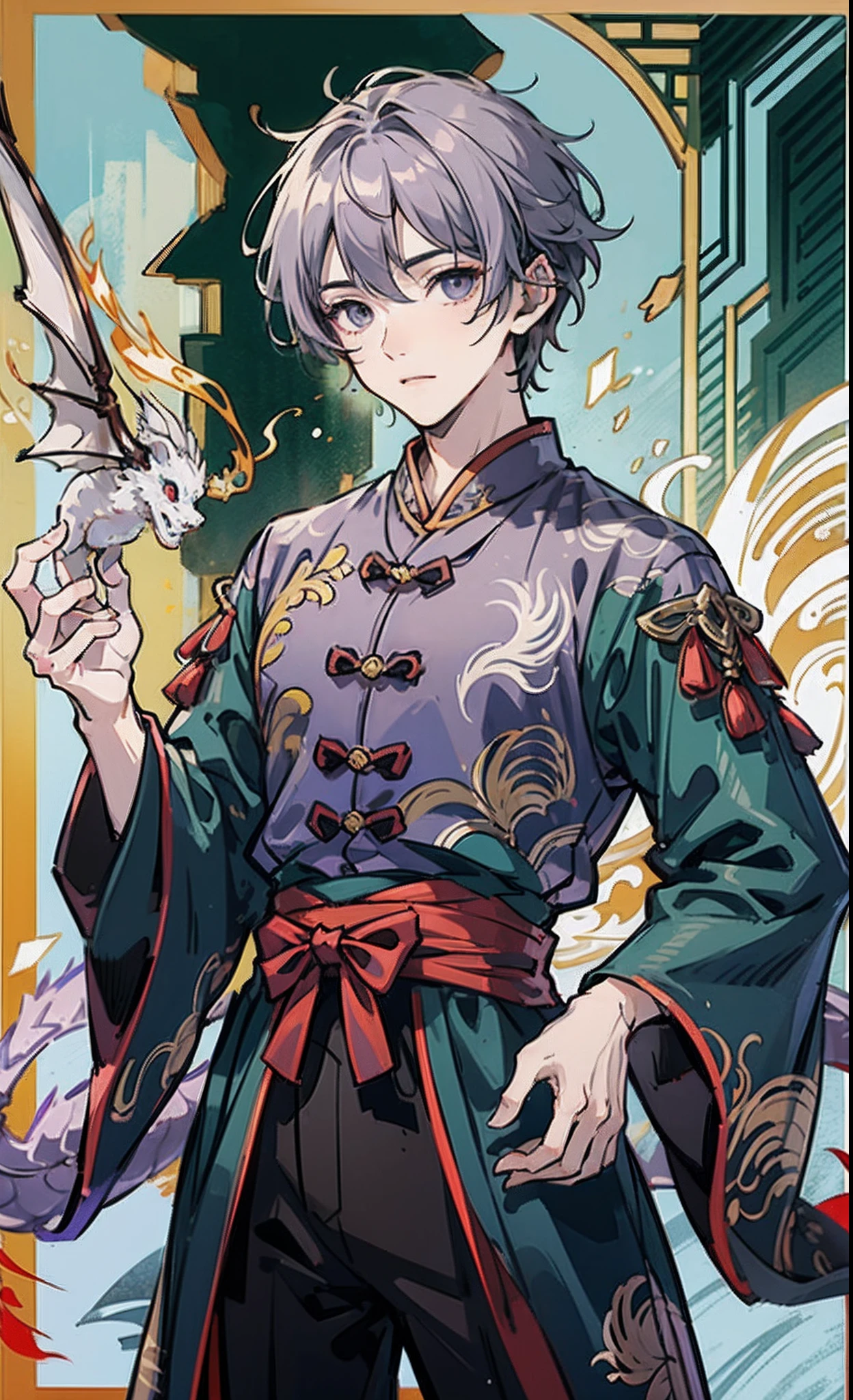 A Chinese boy, Purple-gray hair, Wearing ancient Chinese martial arts costumes, Ice magic, Against dragons, background hogwarts, Daylight --auto --s2