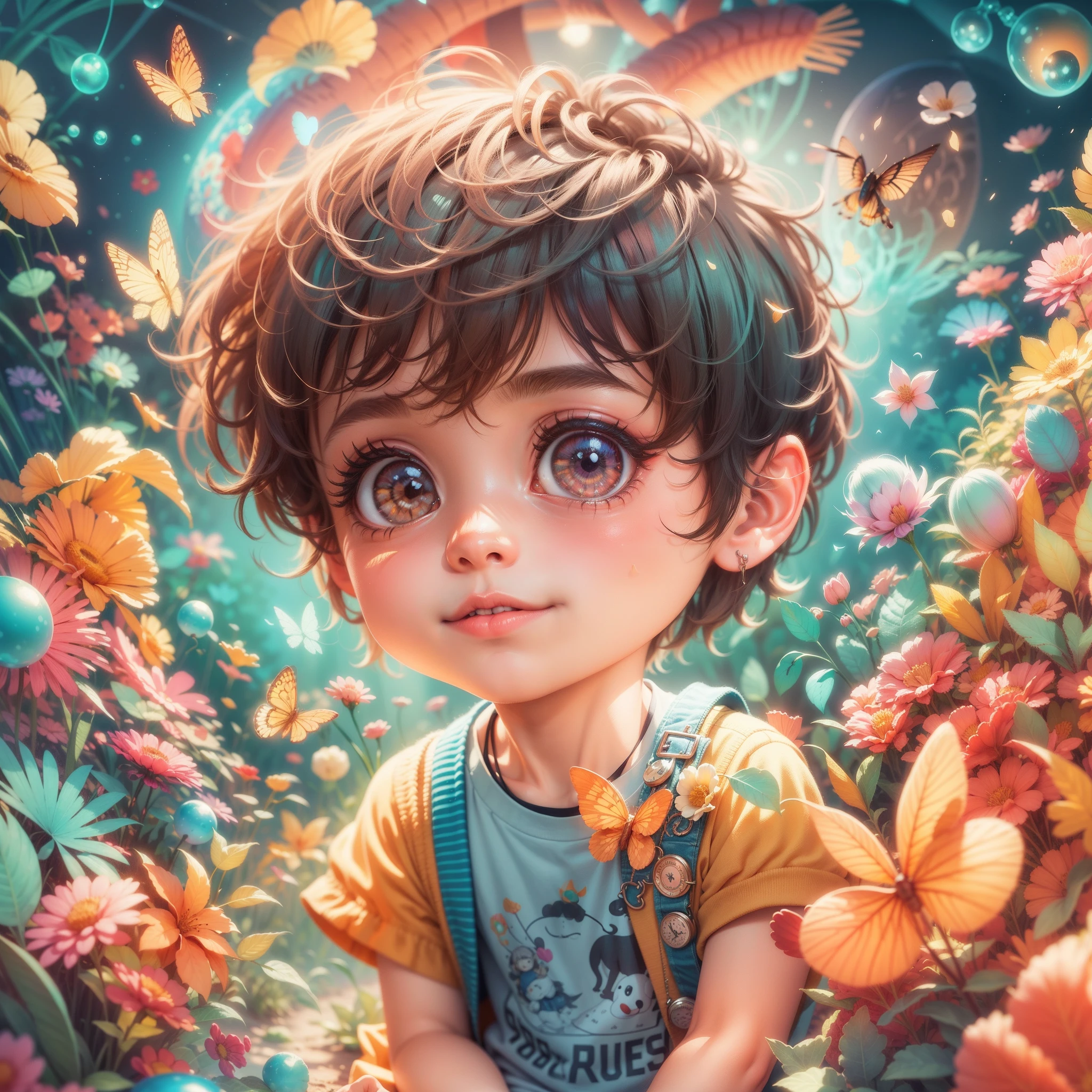 Illustration, cute, unique boy, cutest boy in the world, background in a colorful dreamland, high quality, photorealistic, 16k,