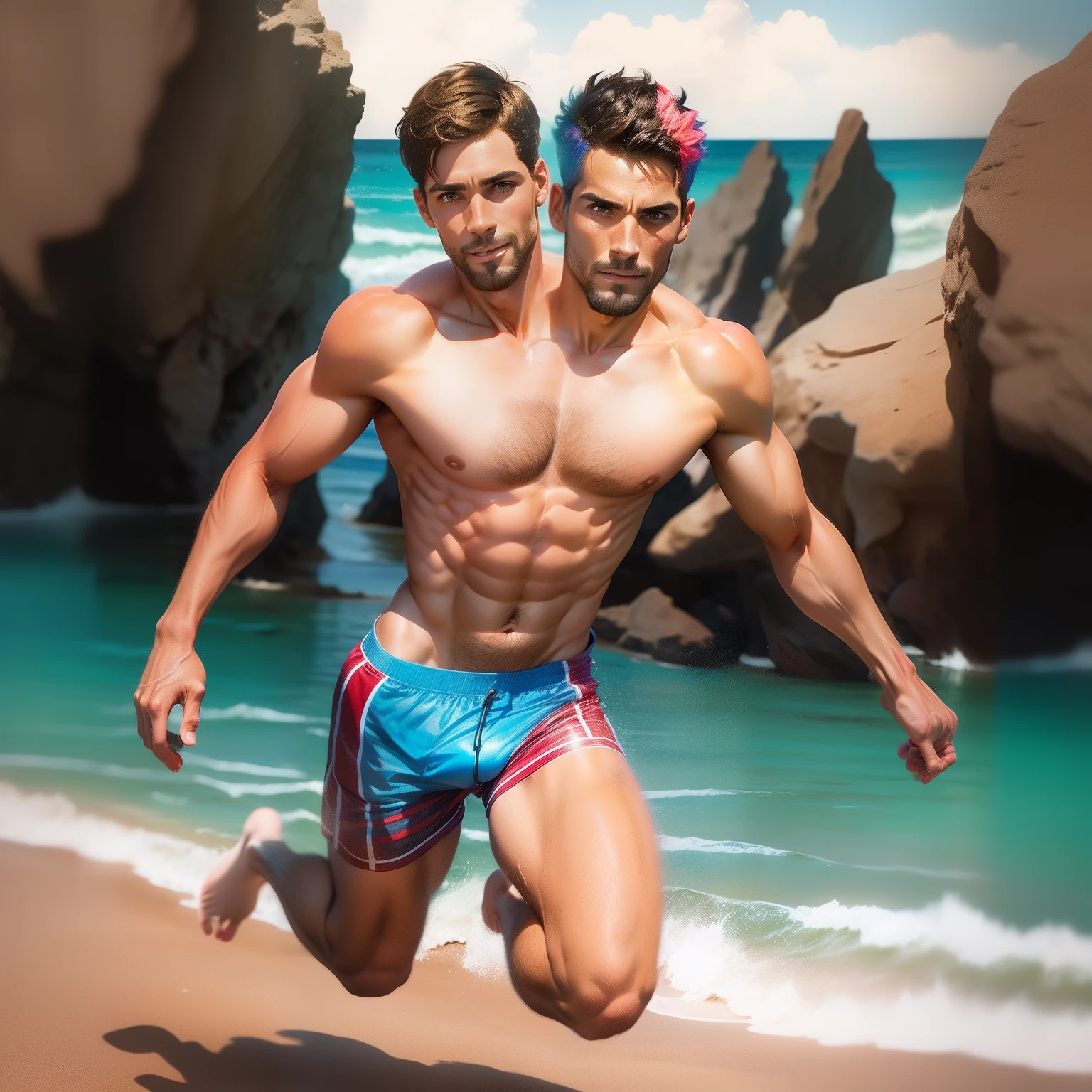 ((2heads)), 1man,35 years old, short brown hair, short gray hair,stubble, colorful tight speedo, facing viewer, unathletic, nudist beach background, full body, running, lotion on skin