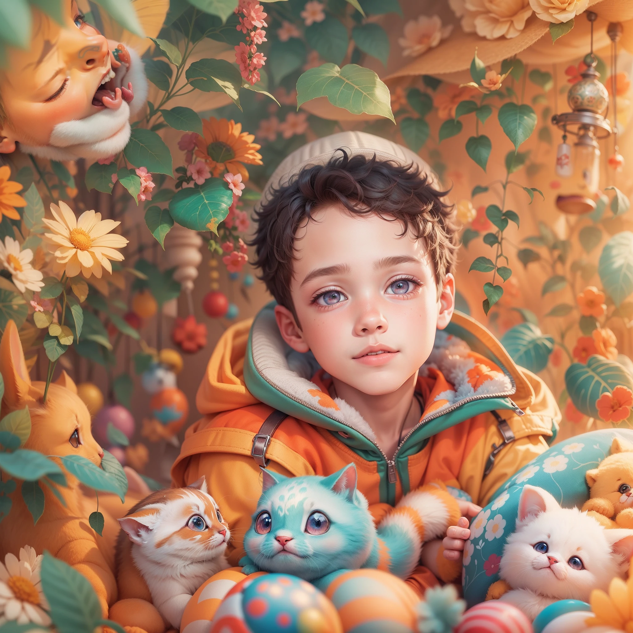 Illustration, cute, unique boy, cutest boy in the world, background in a colorful dreamland, high quality, photorealistic, 16k,