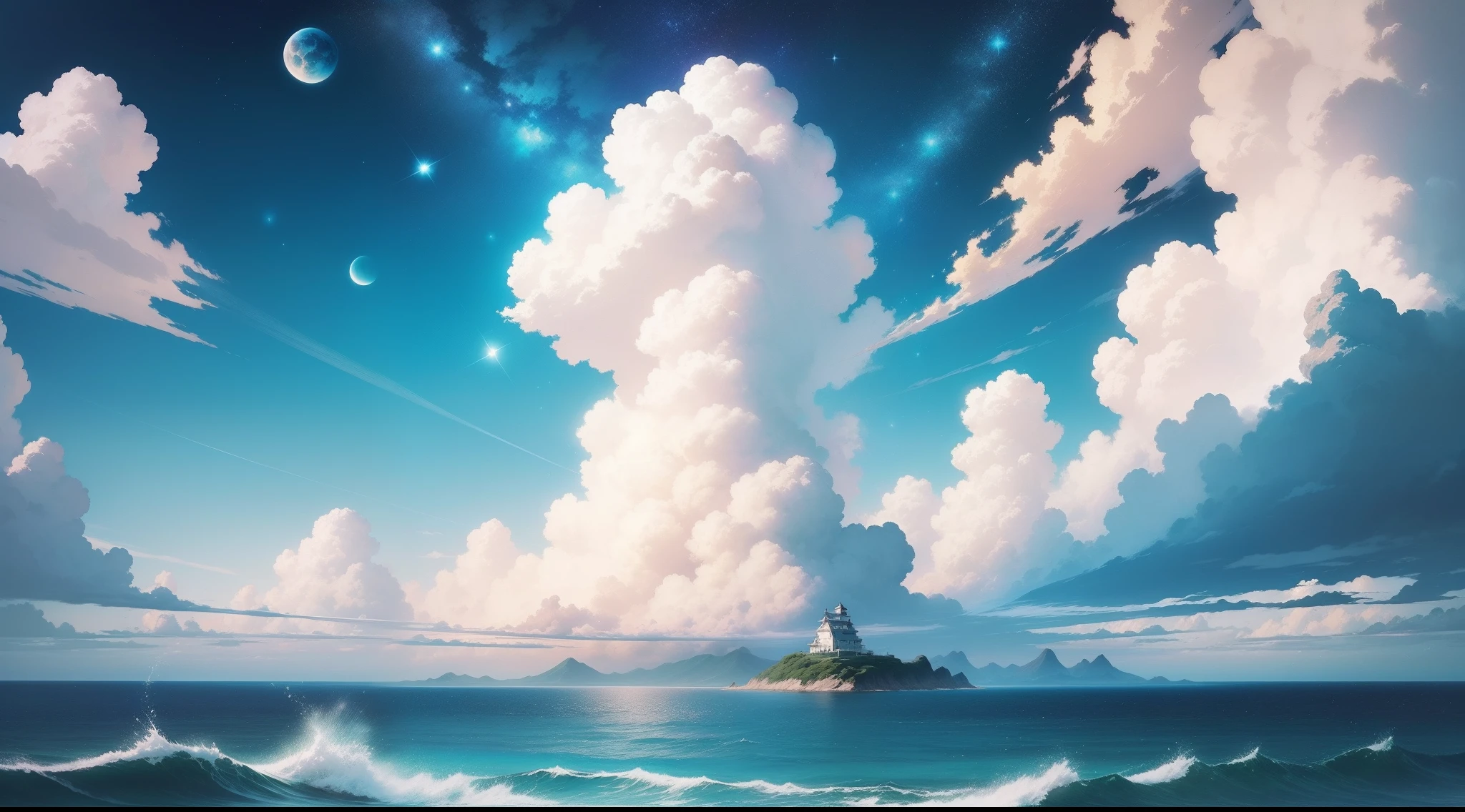 no human figures、Landscape only、Strong midday sunshine、shimmer、Drawing the sky with clouds and stars, Cosmos Sky. by Hayao Miyazaki, Anime Sky, Blue Sea., Anime Cloud, Ghibli style, by Ross Tran. scenery background, in style of hayao miyazaki, 8ｋ、Top image quality, Master quality、beautifull puffy clouds. No islands、No land、Sea only、Eau、Transmits light、A sight too beautiful、No land、Sea only、