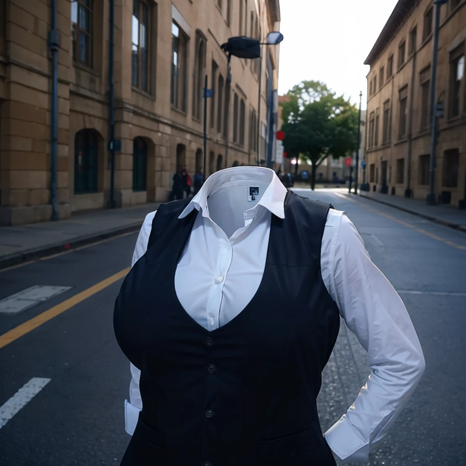 (insanely detailed), (16k), ((no humans)), ((invisible)), ((faceless)), ((headless)), ((empty clothes)), ((huge breasts)), girls' school uniforms swells as if possessed by invisible girls, huge breasts, (pants), (blazer)